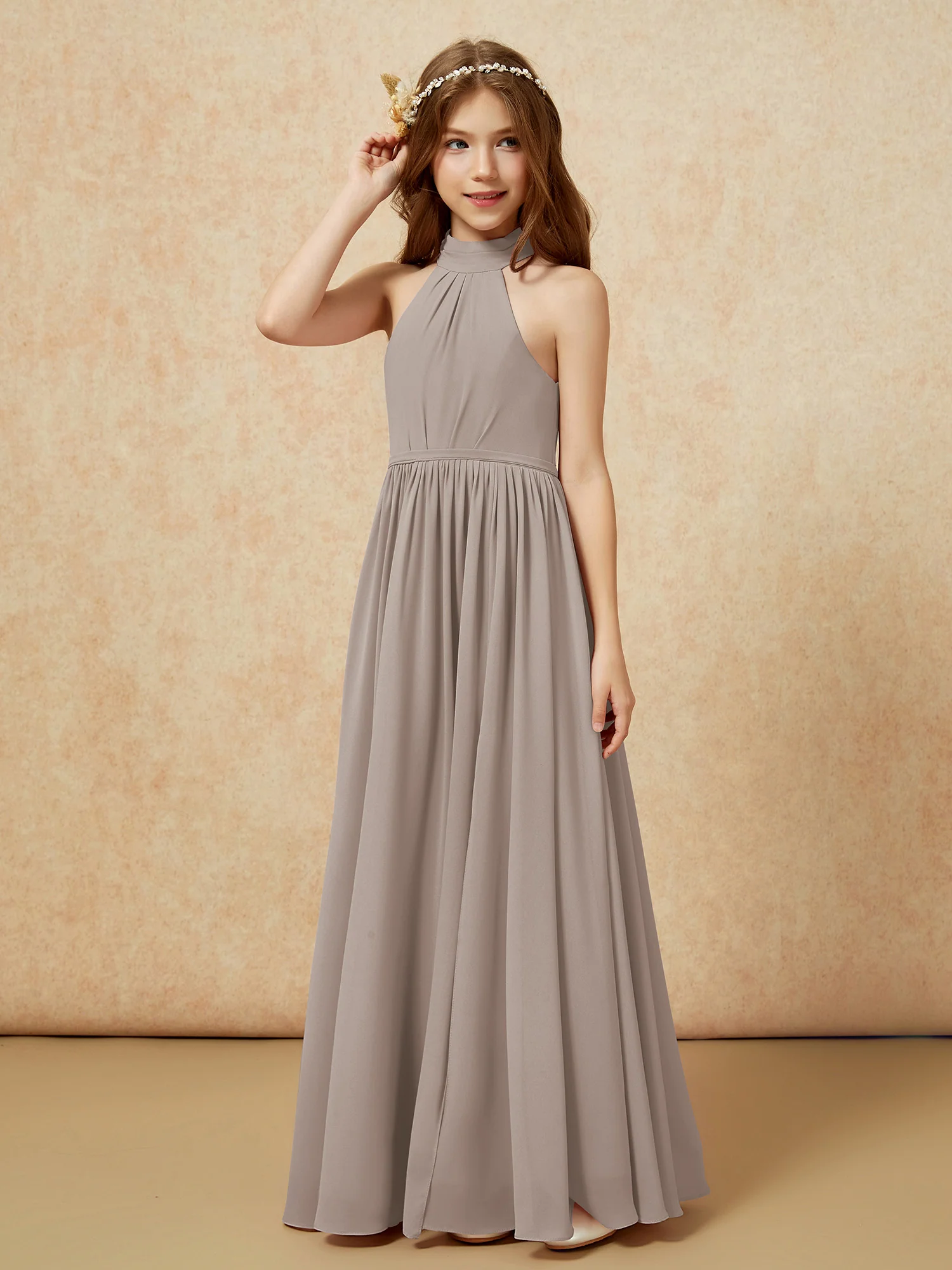High Neck Long Junior Bridesmaid Dress With Slit Taupe - Image 6