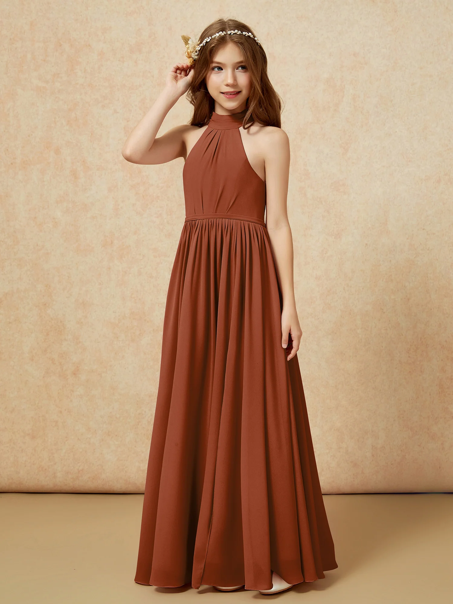 High Neck Long Junior Bridesmaid Dress With Slit Terracotta - Image 6