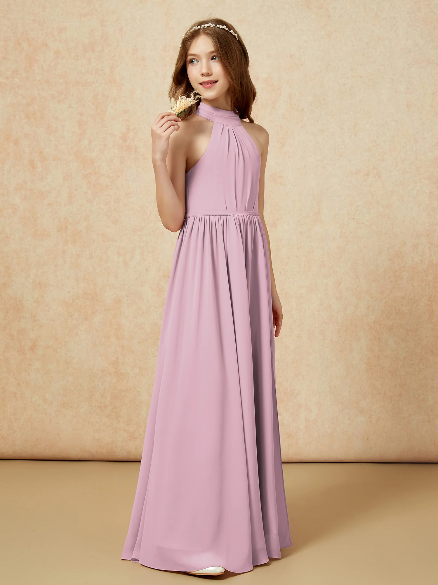 High Neck Long Junior Bridesmaid Dress With Slit Vintage Mauve - Image 5