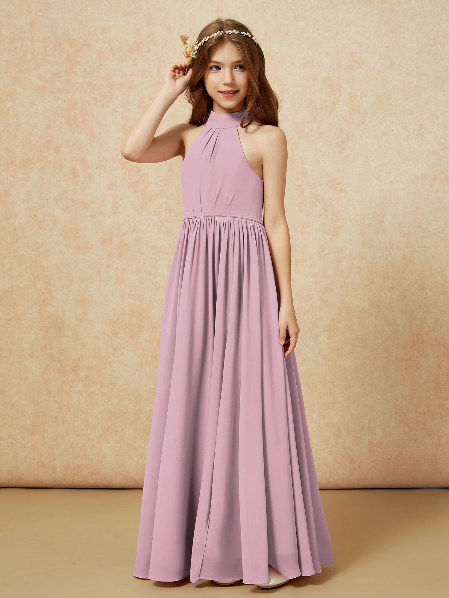 High Neck Long Junior Bridesmaid Dress With Slit Vintage Mauve - Image 6