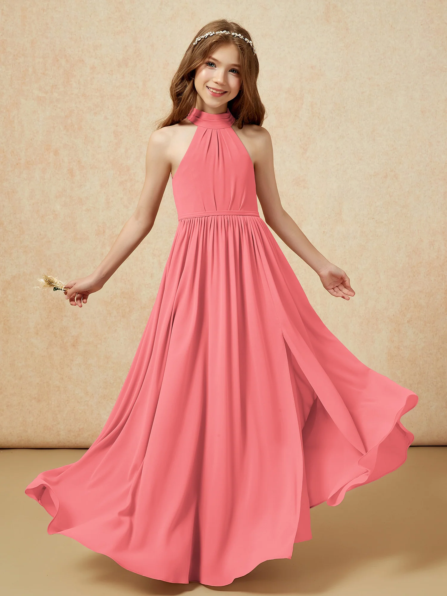 High Neck Long Junior Bridesmaid Dress With Slit Watermelon - Image 4