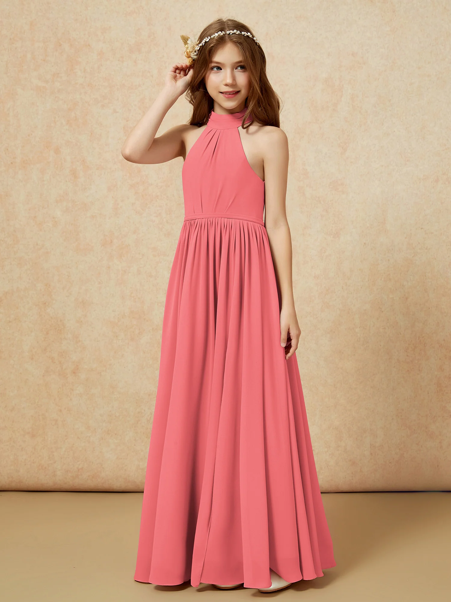 High Neck Long Junior Bridesmaid Dress With Slit Watermelon - Image 6
