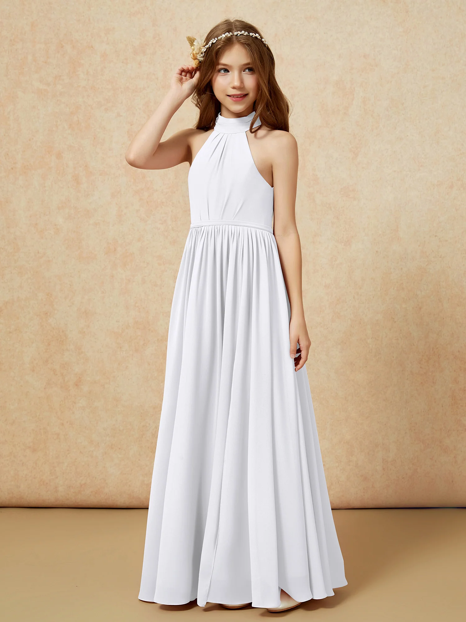 High Neck Long Junior Bridesmaid Dress With Slit White - Image 6