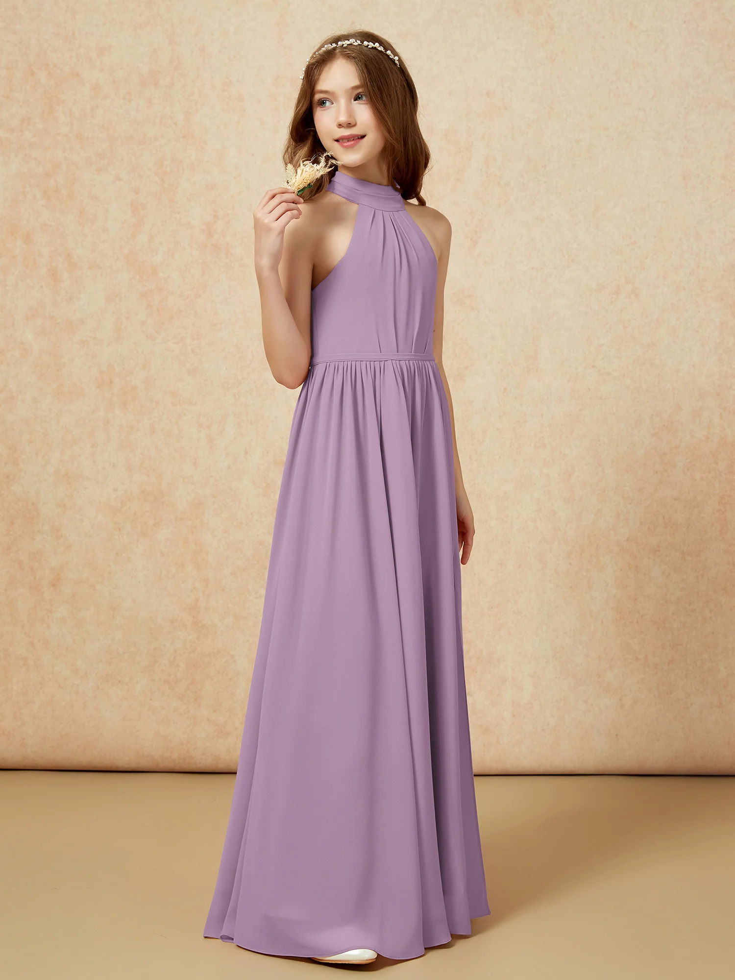 High Neck Long Junior Bridesmaid Dress With Slit Wisteria - Image 5