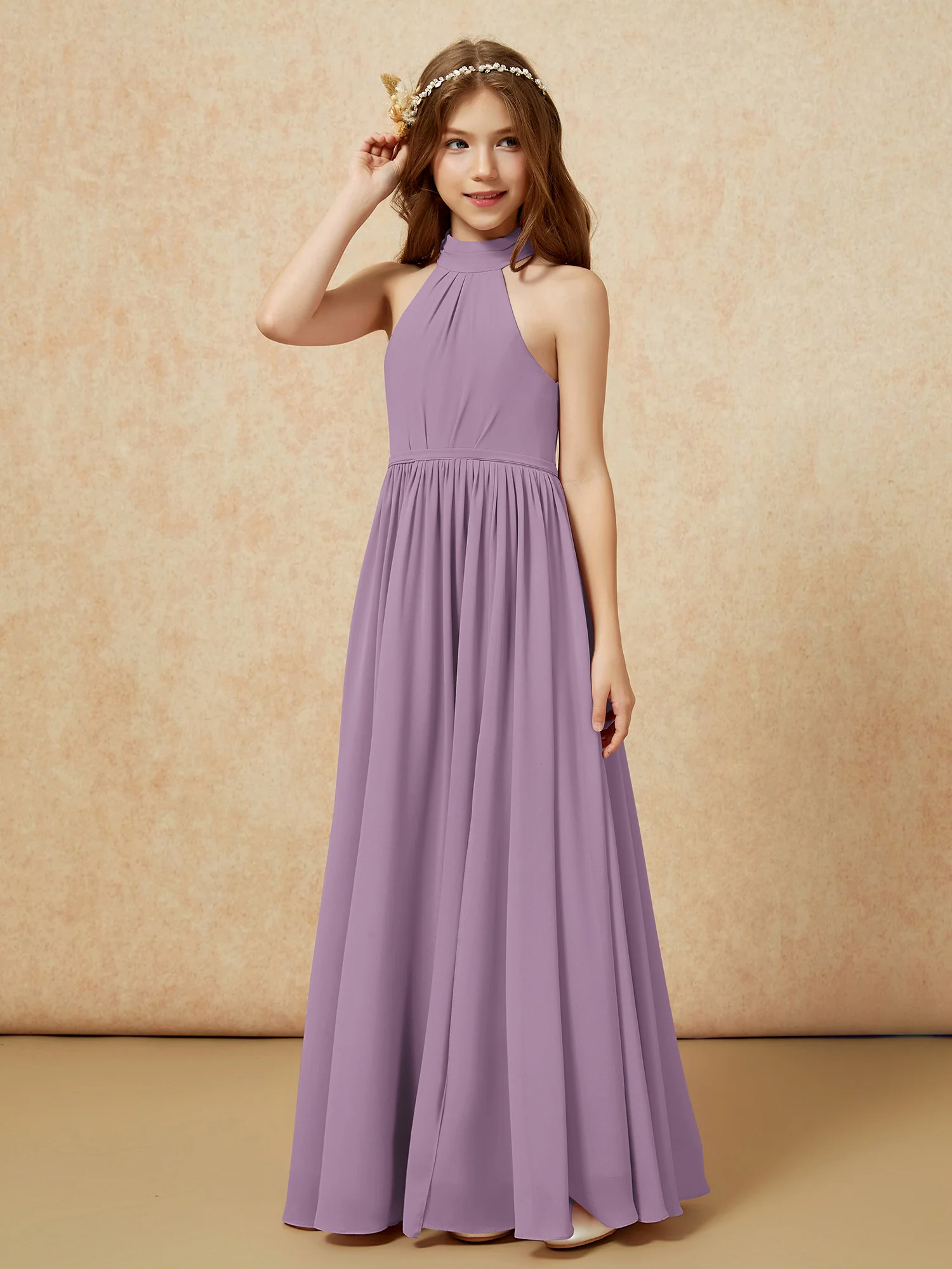 High Neck Long Junior Bridesmaid Dress With Slit Wisteria - Image 6