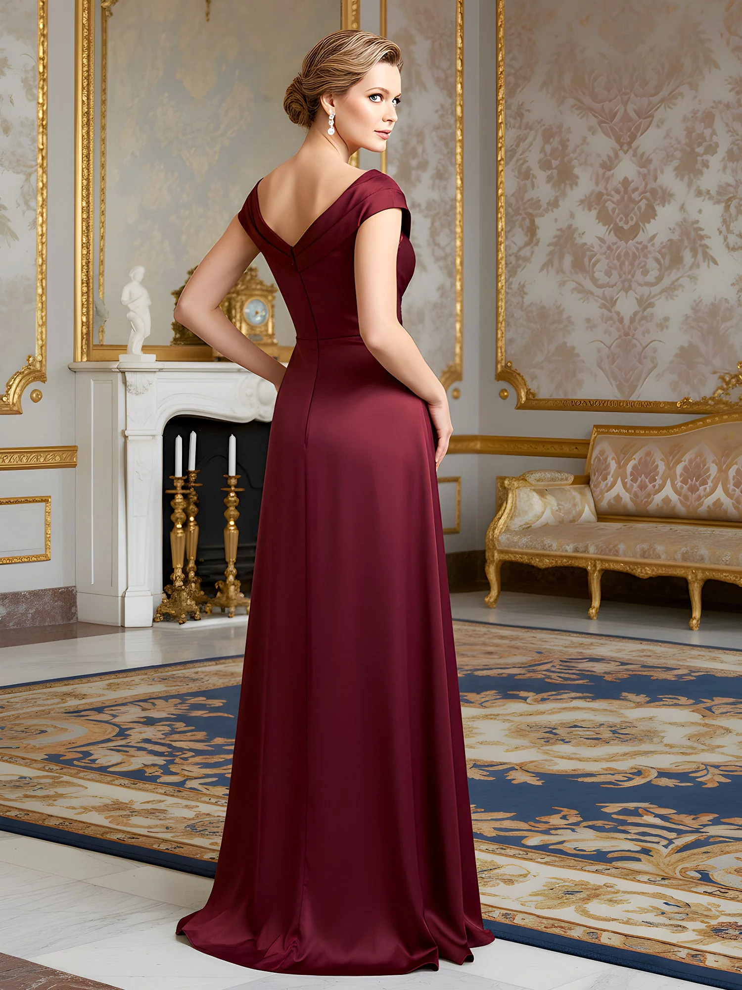 Cap Sleeve Column Gown with Draped V-Neck and Thigh Slit Dusty Blue - Image 2