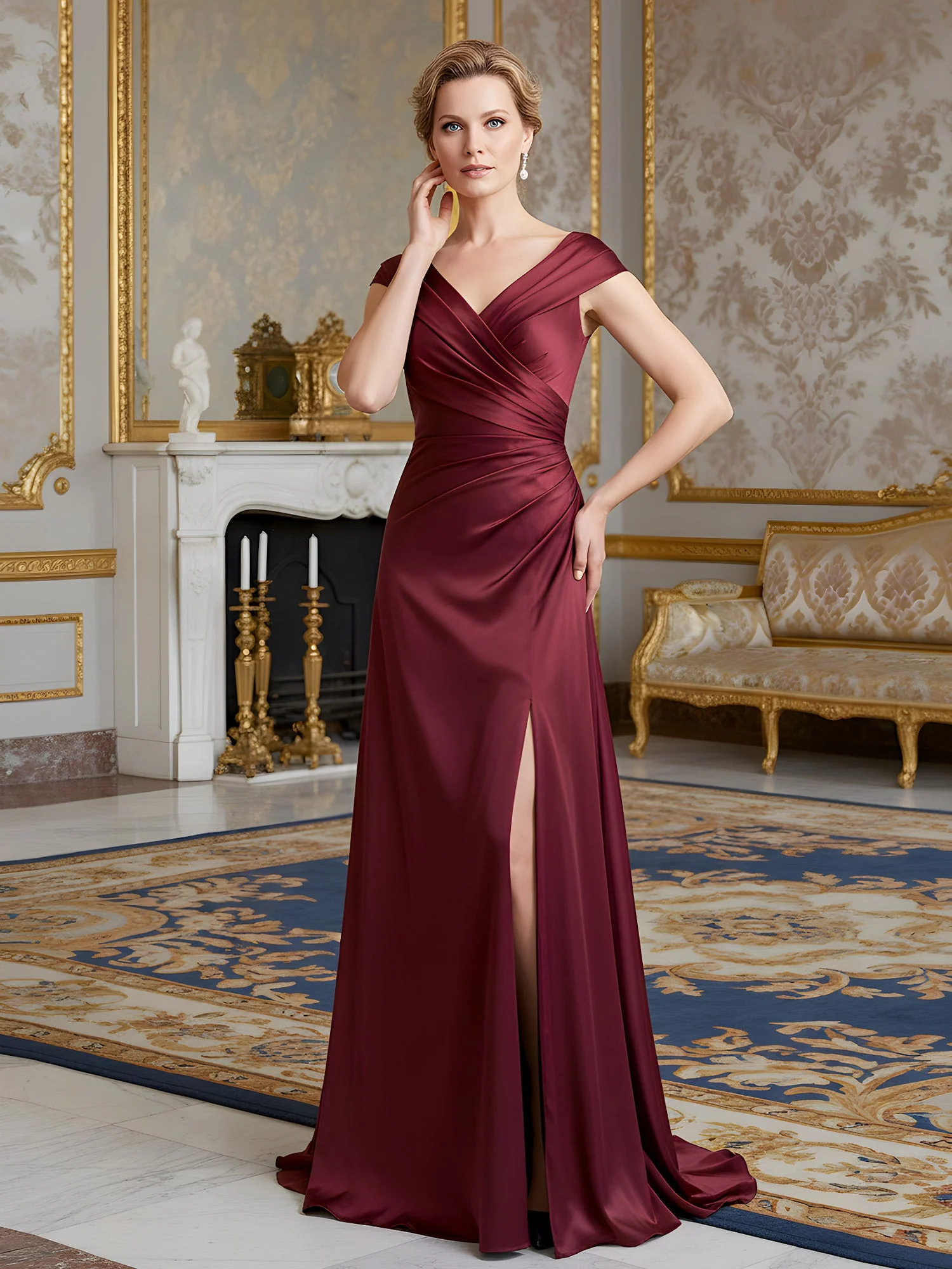 Cap Sleeve Column Gown with Draped V-Neck and Thigh Slit Ink Blue