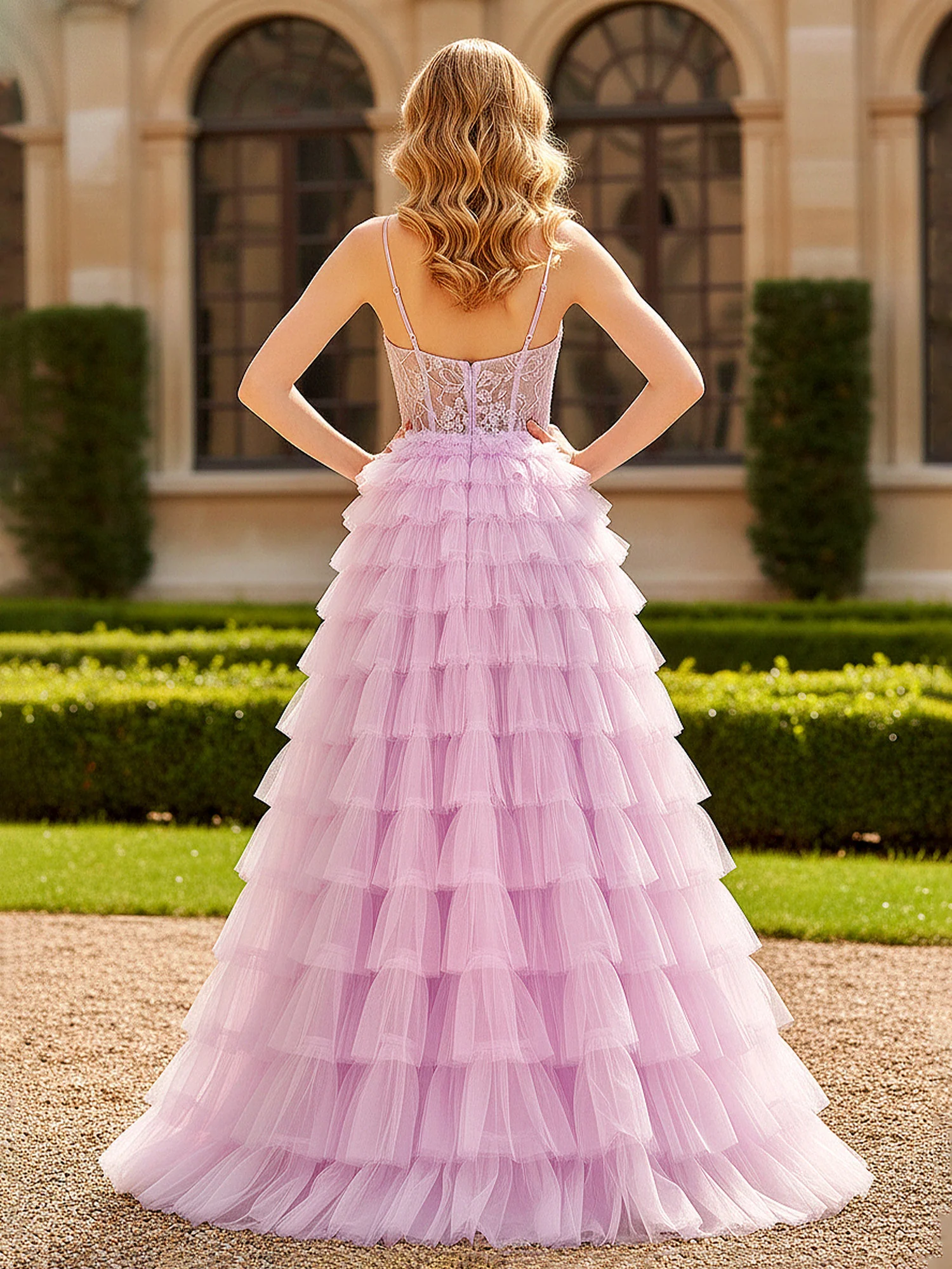 Tiered Ruffle Tulle Ball Gown with Sheer Bodice Lilac - Image 2