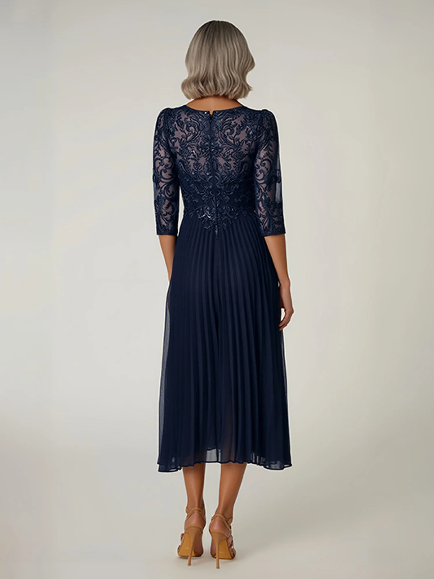 Embroidered Sequin Bodice Pleated Tea-Length Dress As Picture - Image 2