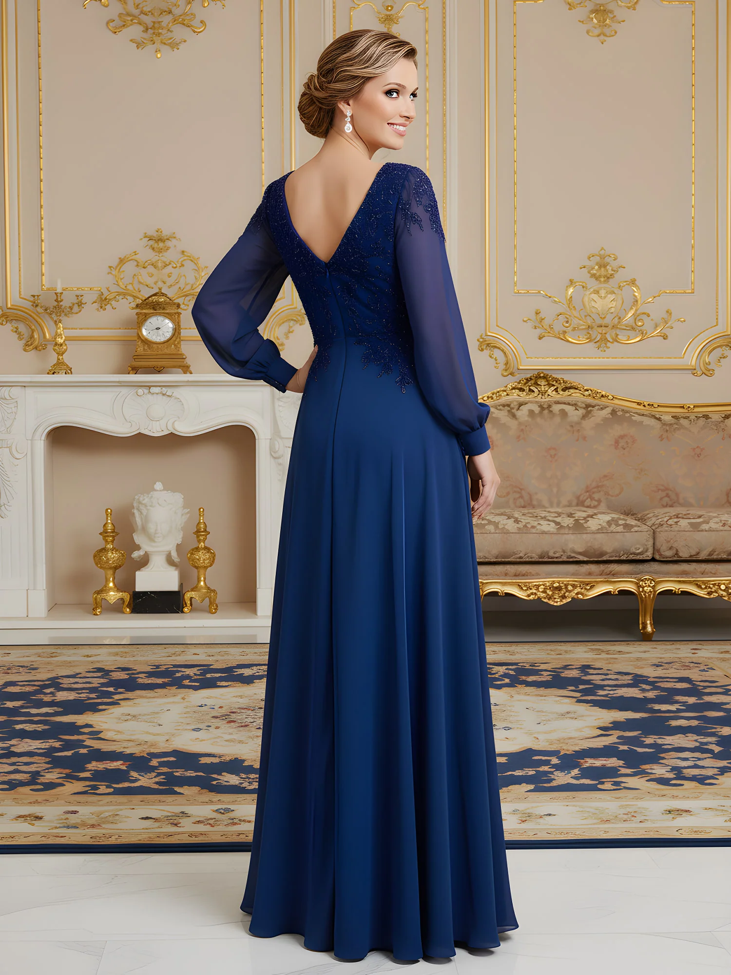 Long Sleeve Chiffon A-Line Gown with Beaded Illusion Bodice Dark Navy - Image 2