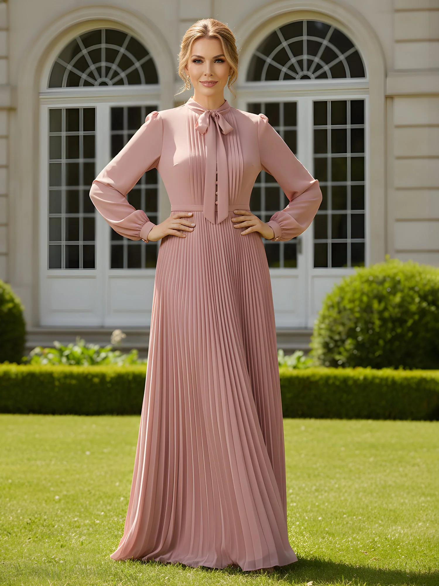 Chiffon Pleated Maxi Dress with Pussy Bow Neck Tie Daffodil