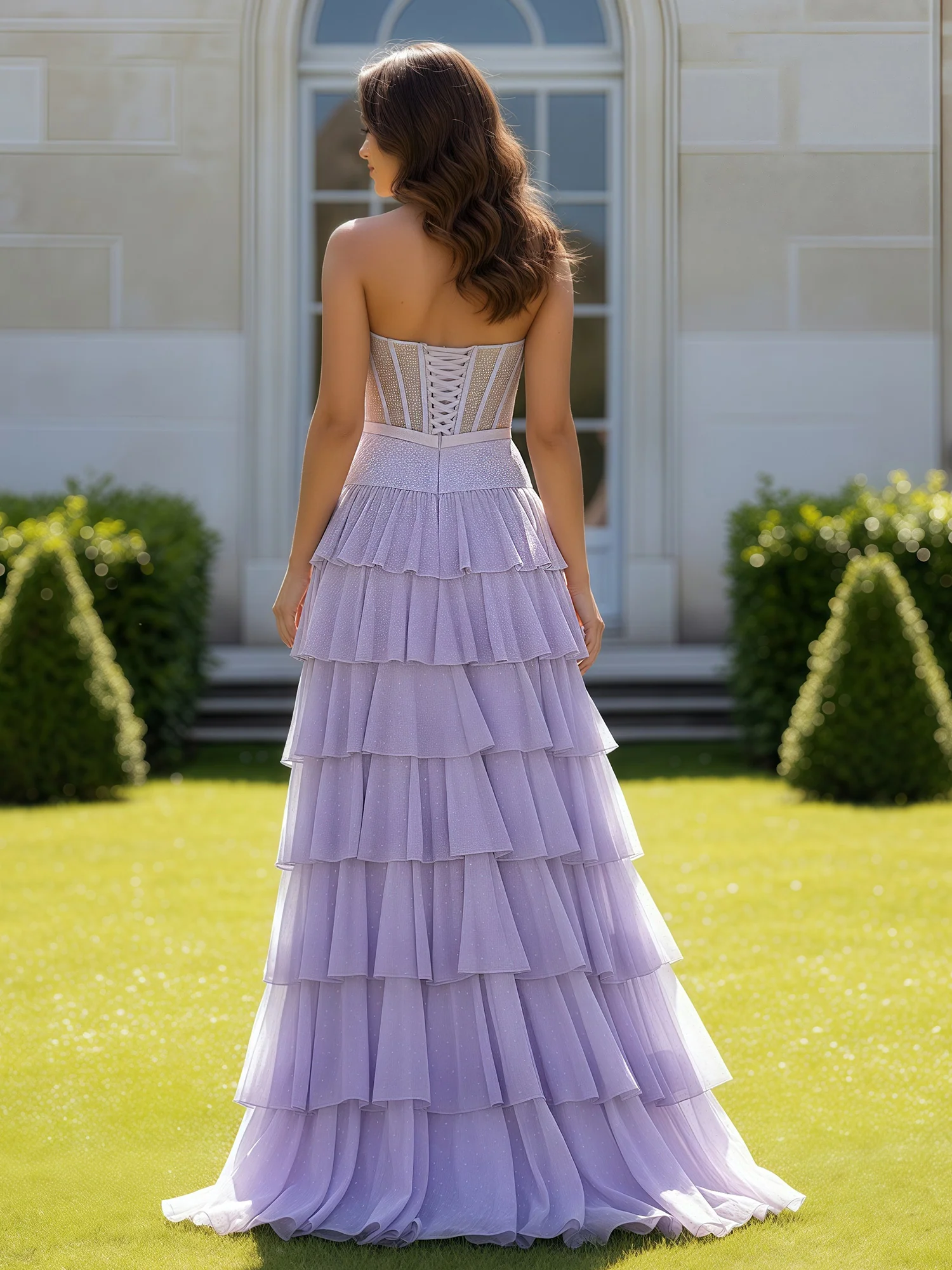 Glitter Fabric A-Line Gown with Bow Waistband Lavender - Image 2