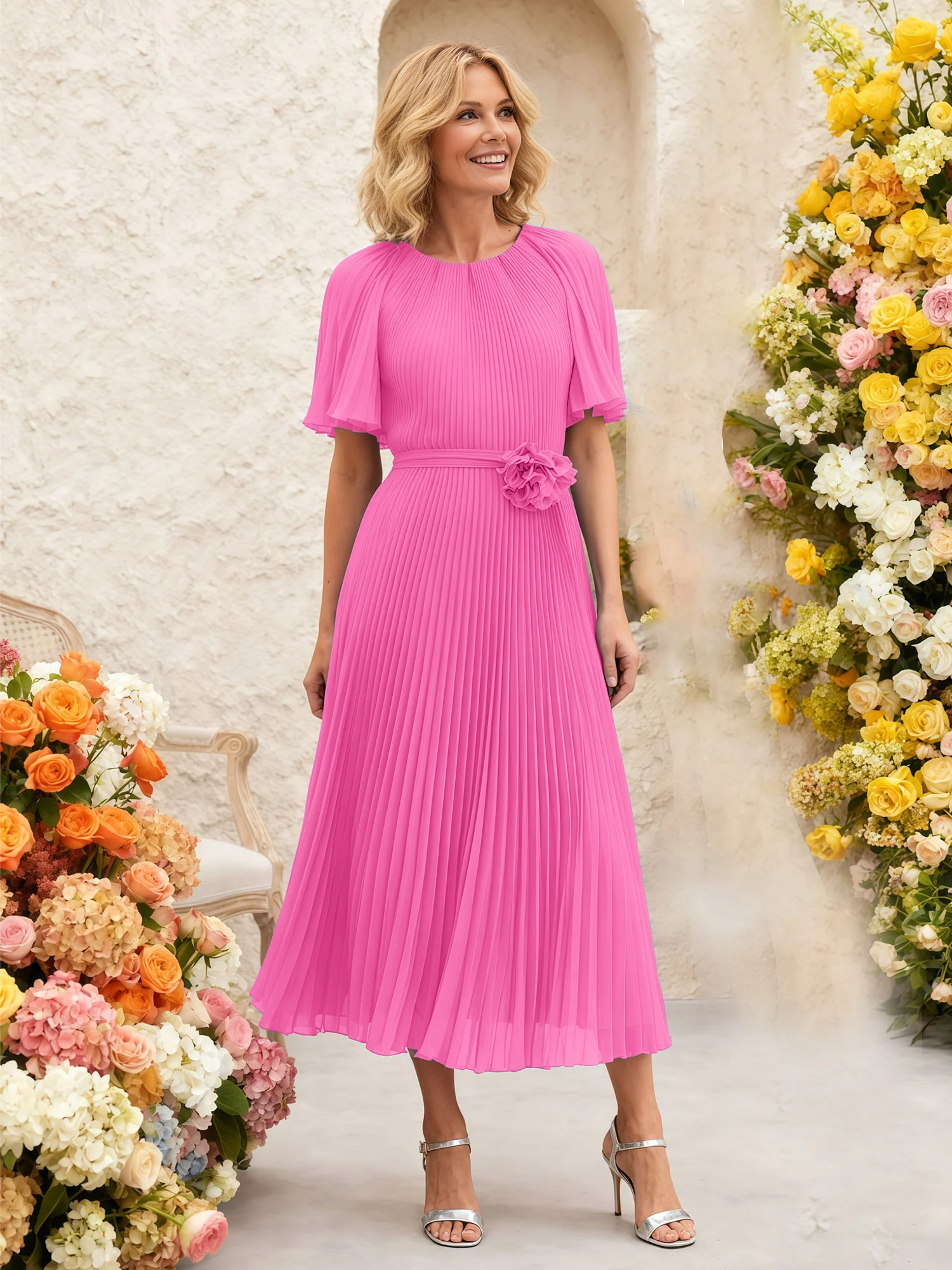 Chiffon Pleated Midi Dress with Floral Waist Detail Azalea