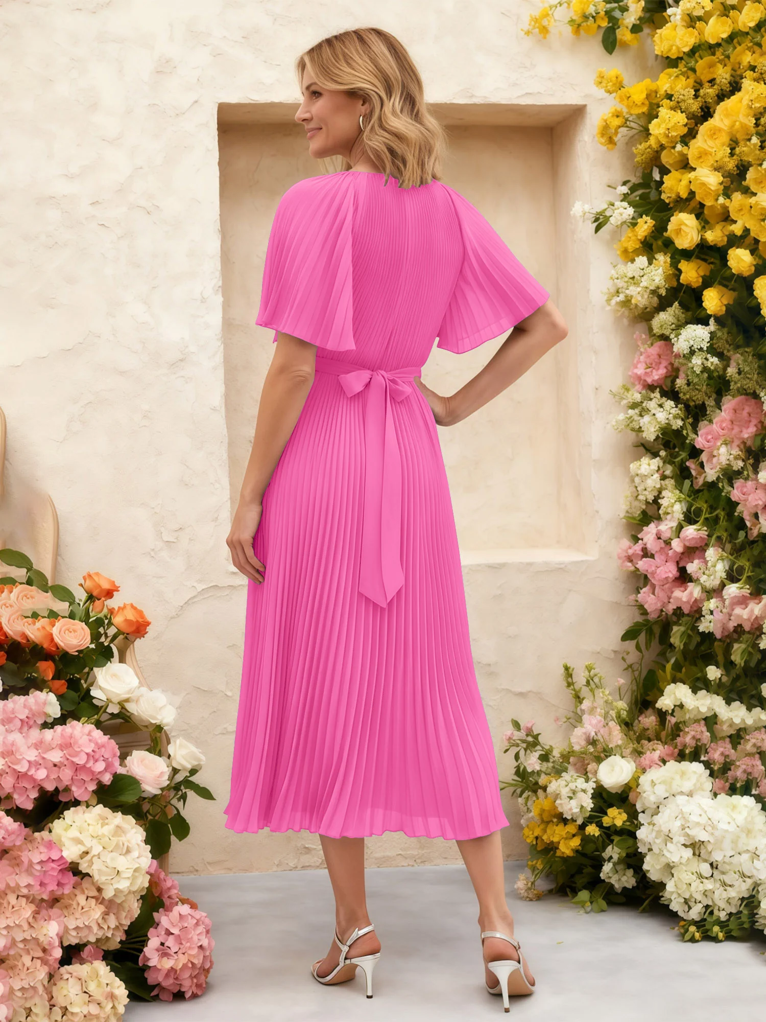 Chiffon Pleated Midi Dress with Floral Waist Detail Azalea - Image 2