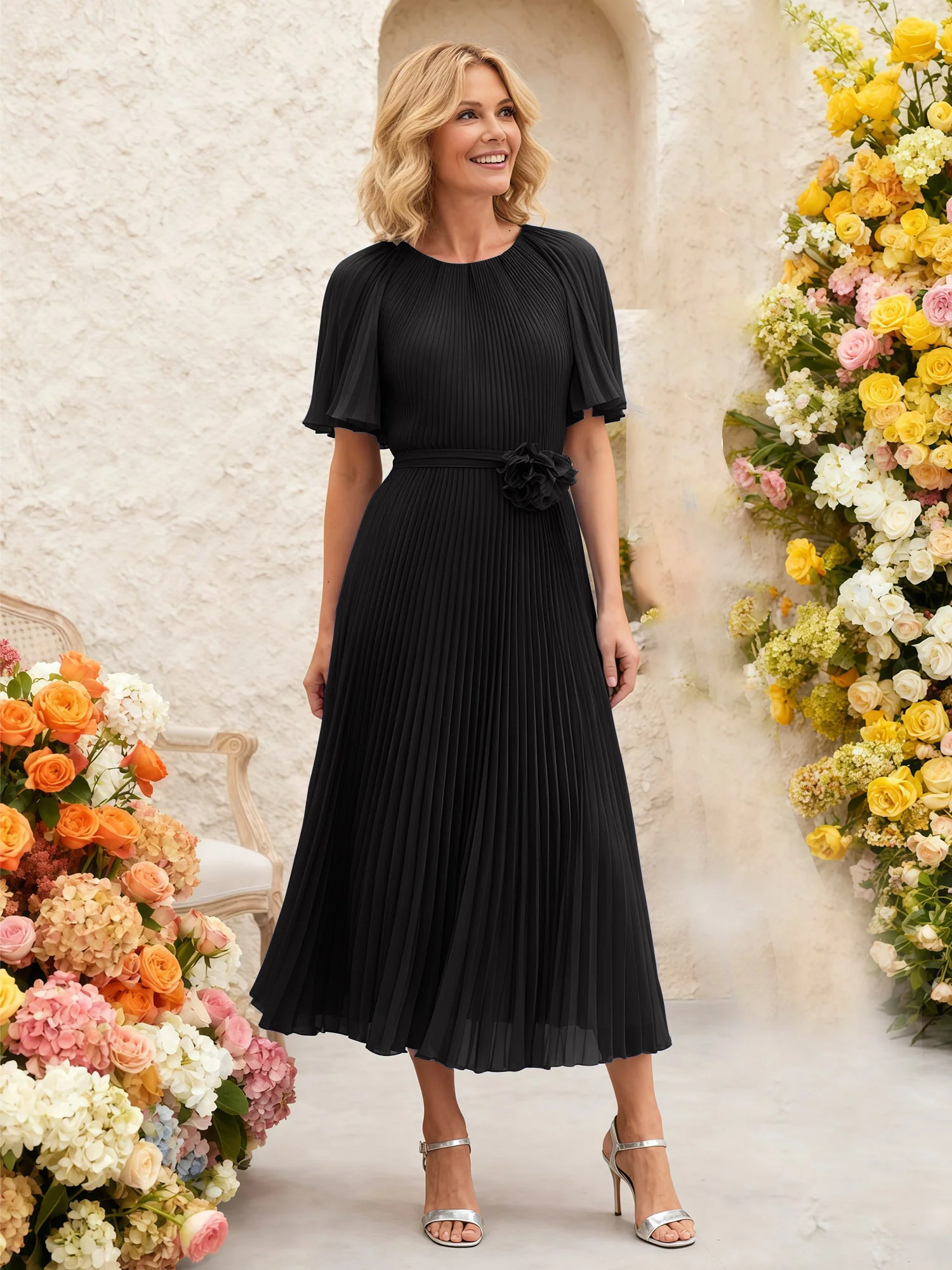 Chiffon Pleated Midi Dress with Floral Waist Detail Black