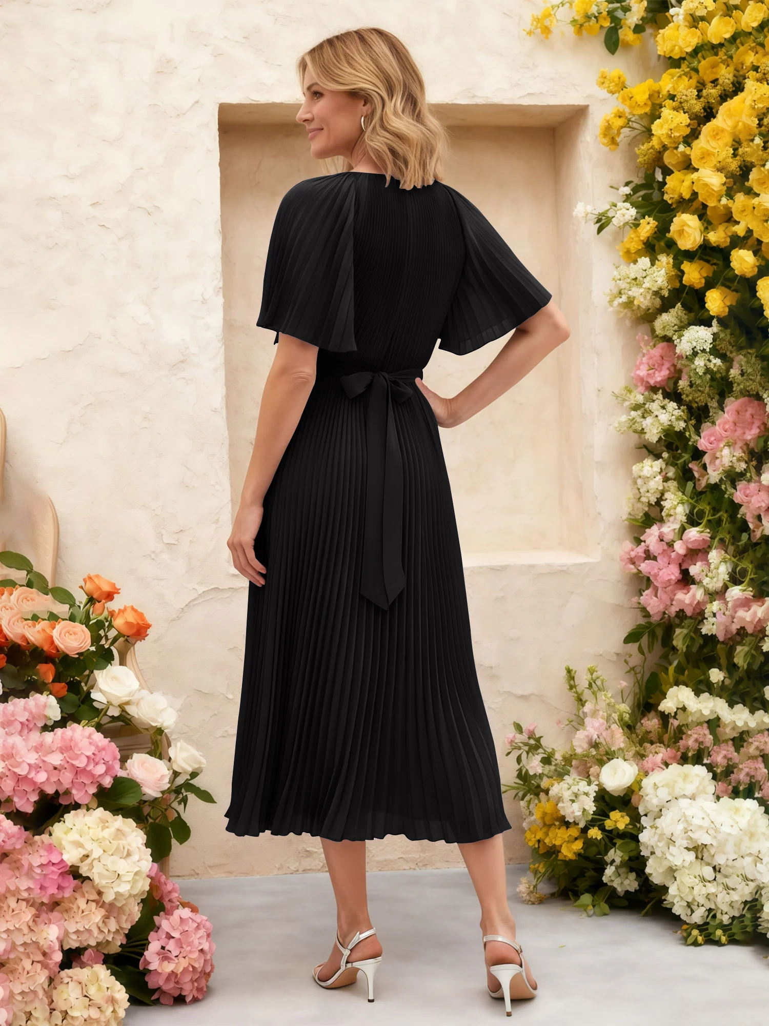 Chiffon Pleated Midi Dress with Floral Waist Detail Black - Image 2
