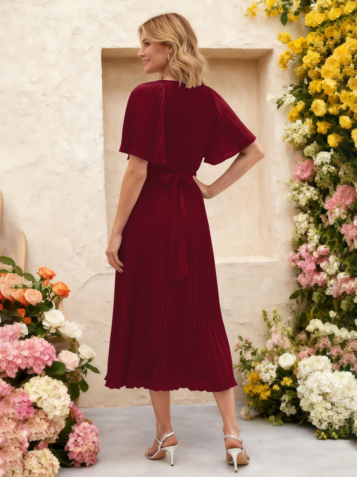 Chiffon Pleated Midi Dress with Floral Waist Detail Burgundy - Image 2