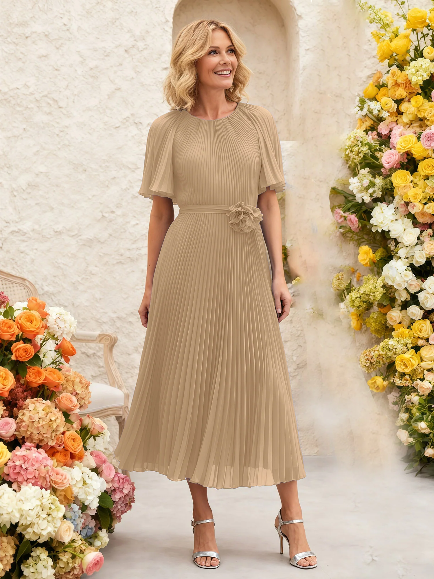Chiffon Pleated Midi Dress with Floral Waist Detail Champagne