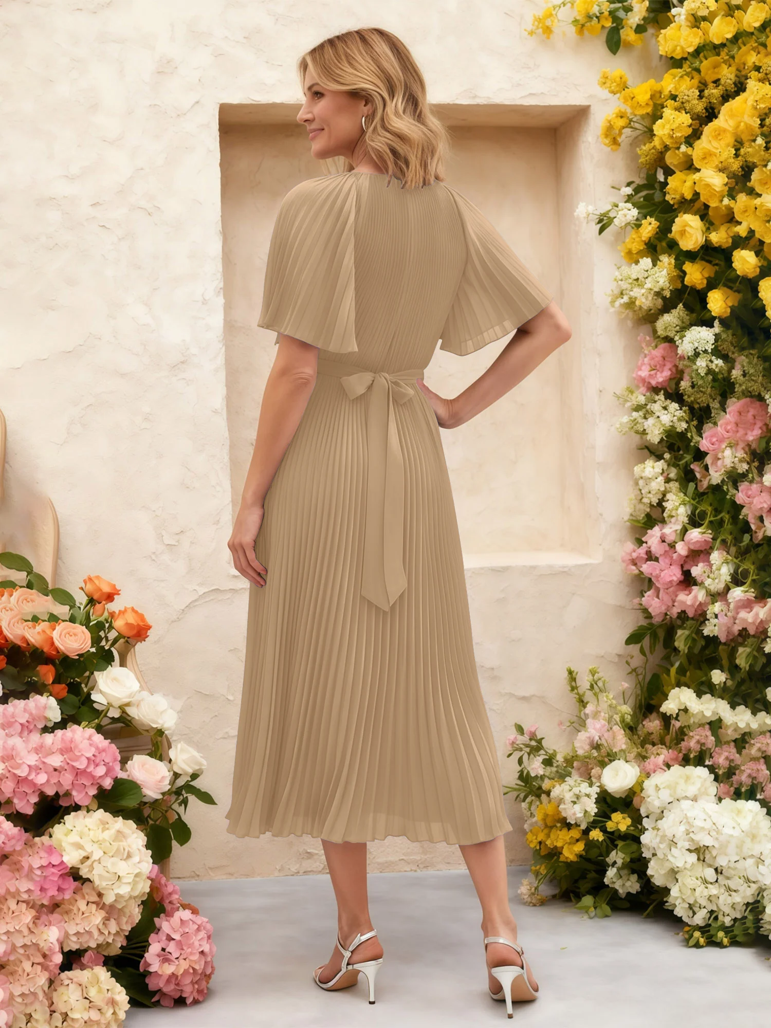 Chiffon Pleated Midi Dress with Floral Waist Detail Champagne - Image 2