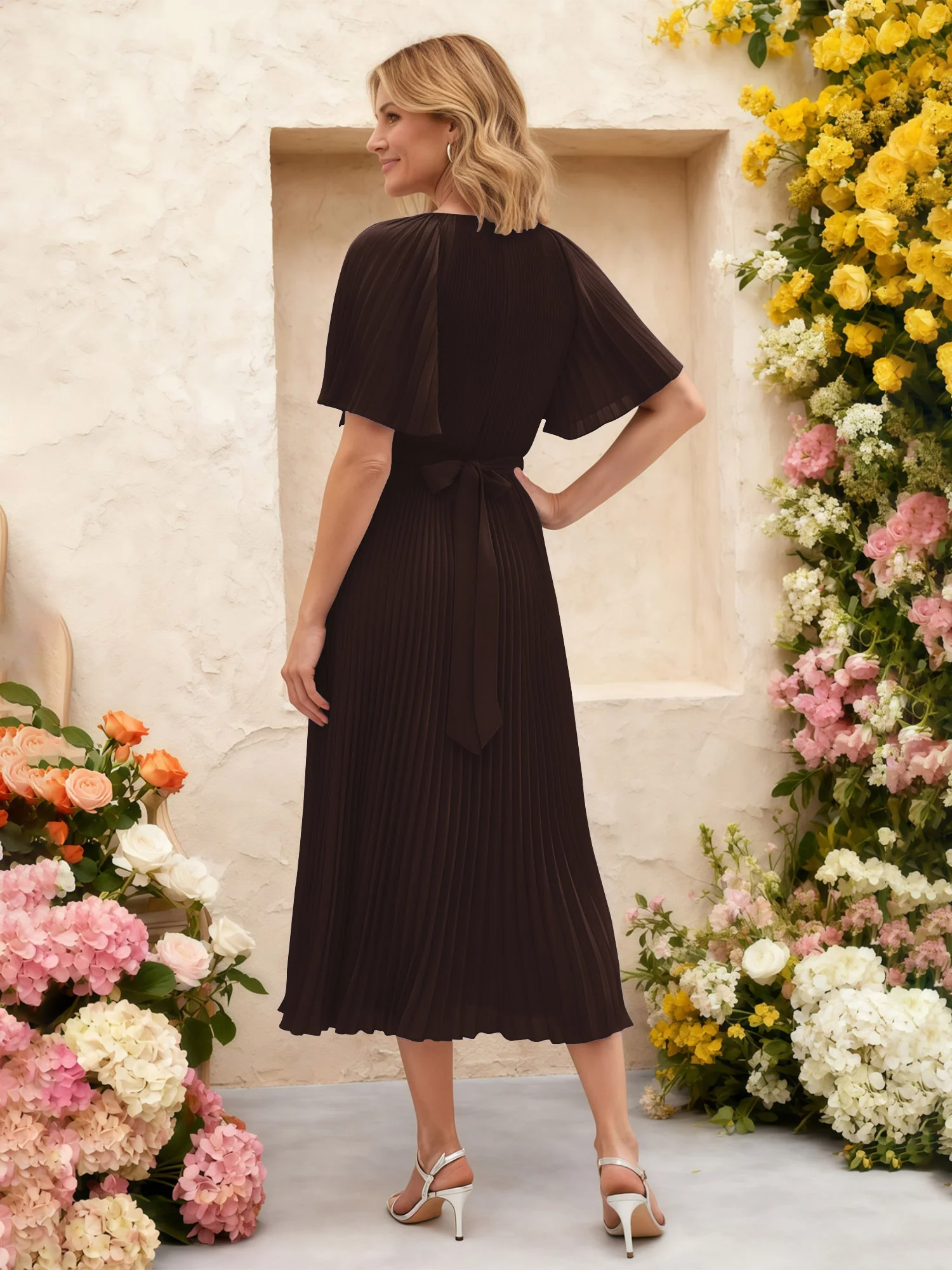 Chiffon Pleated Midi Dress with Floral Waist Detail Chocolate - Image 2