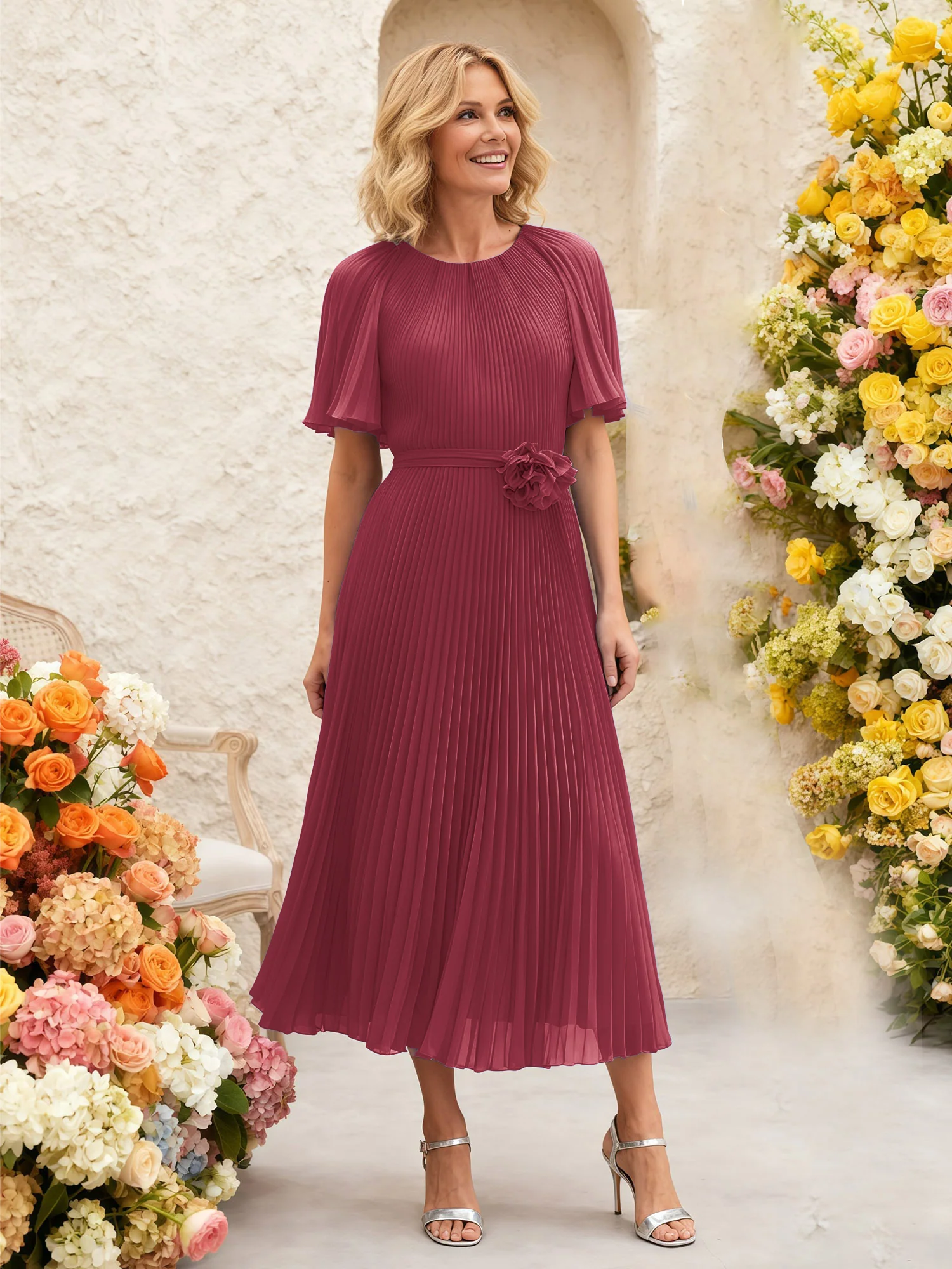 Chiffon Pleated Midi Dress with Floral Waist Detail Cinnamon Rose