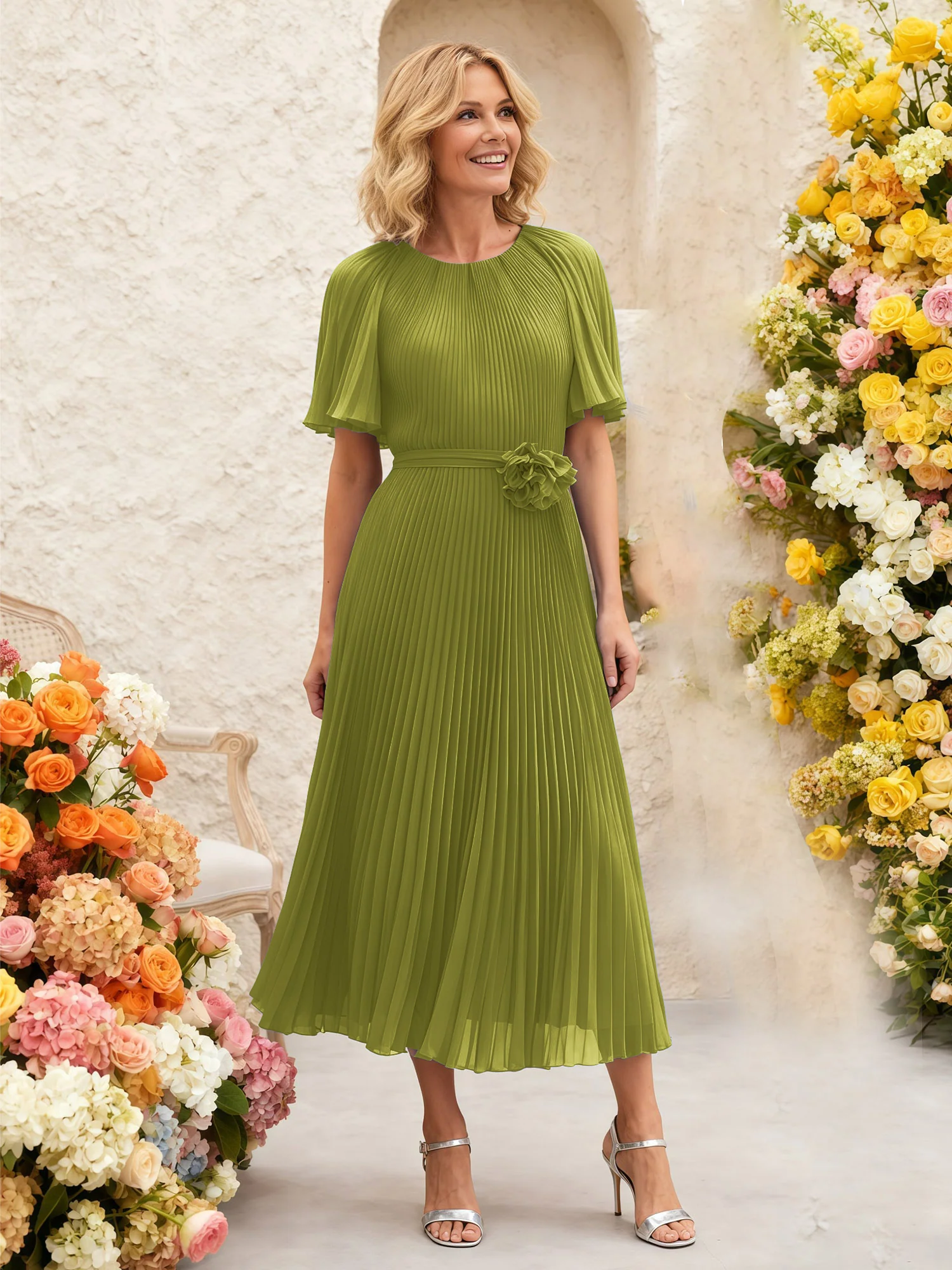 Chiffon Pleated Midi Dress with Floral Waist Detail Clover