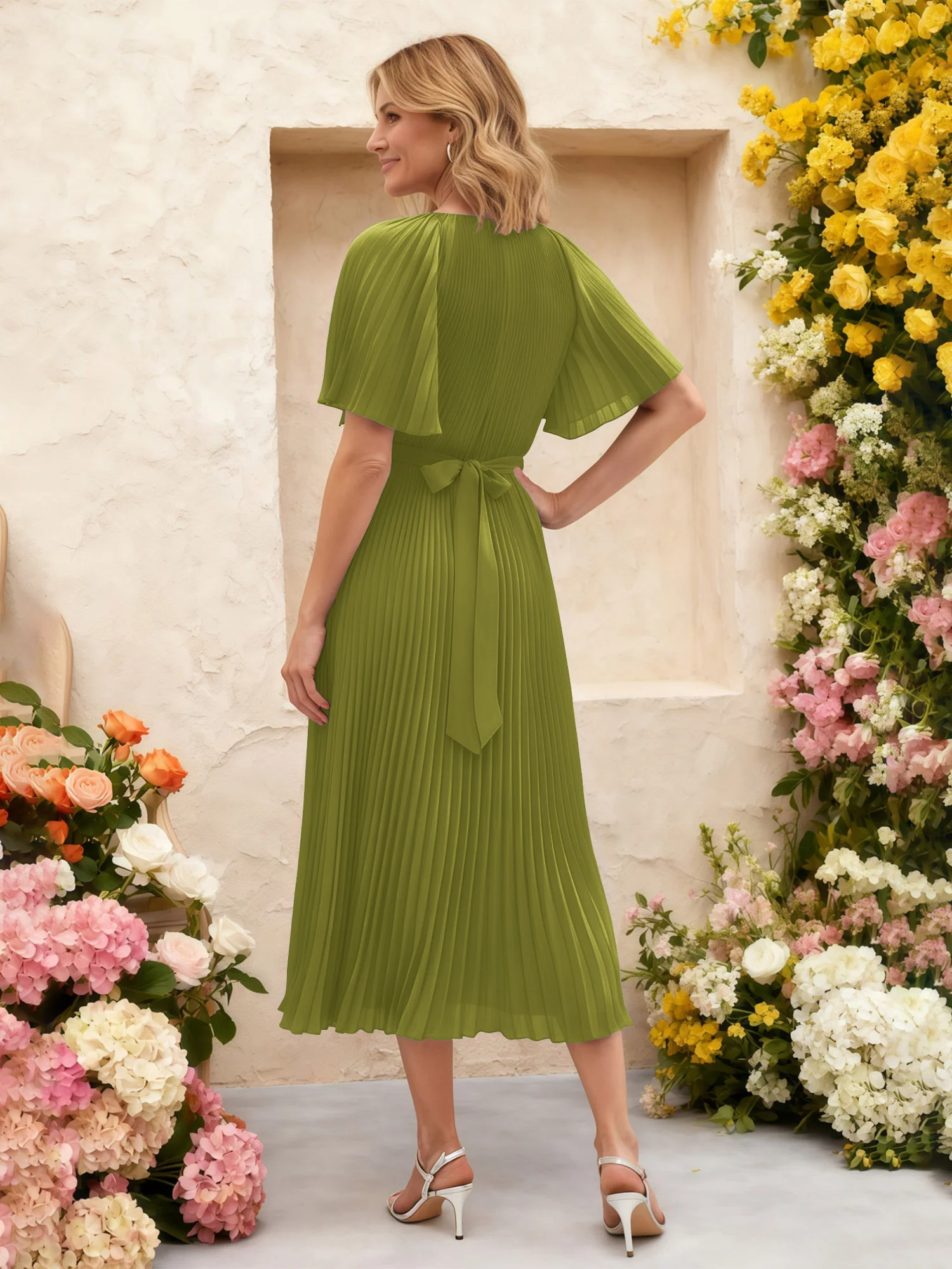 Chiffon Pleated Midi Dress with Floral Waist Detail Clover - Image 2