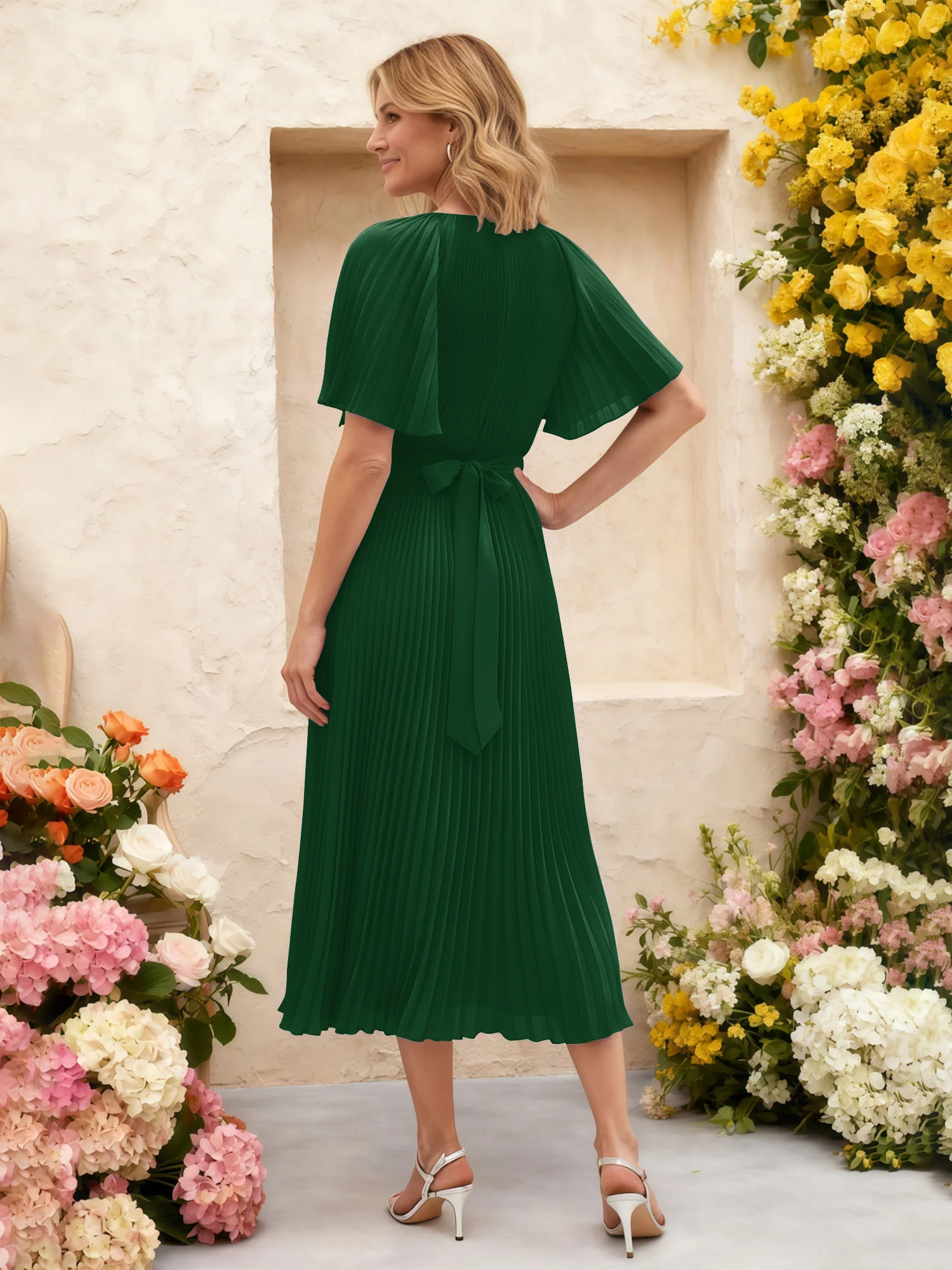 Chiffon Pleated Midi Dress with Floral Waist Detail Dark Green - Image 2