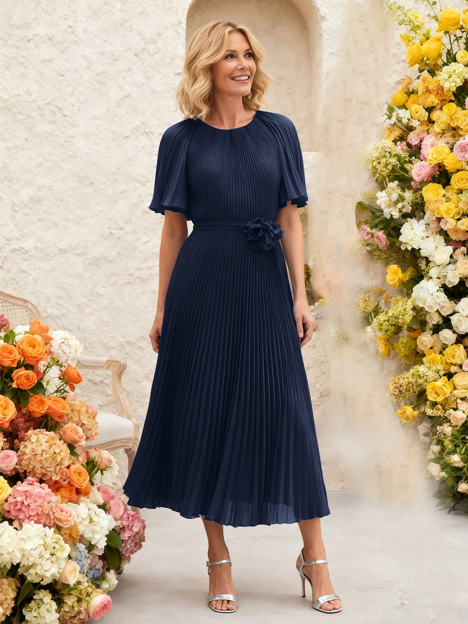 Chiffon Pleated Midi Dress with Floral Waist Detail Dark Navy
