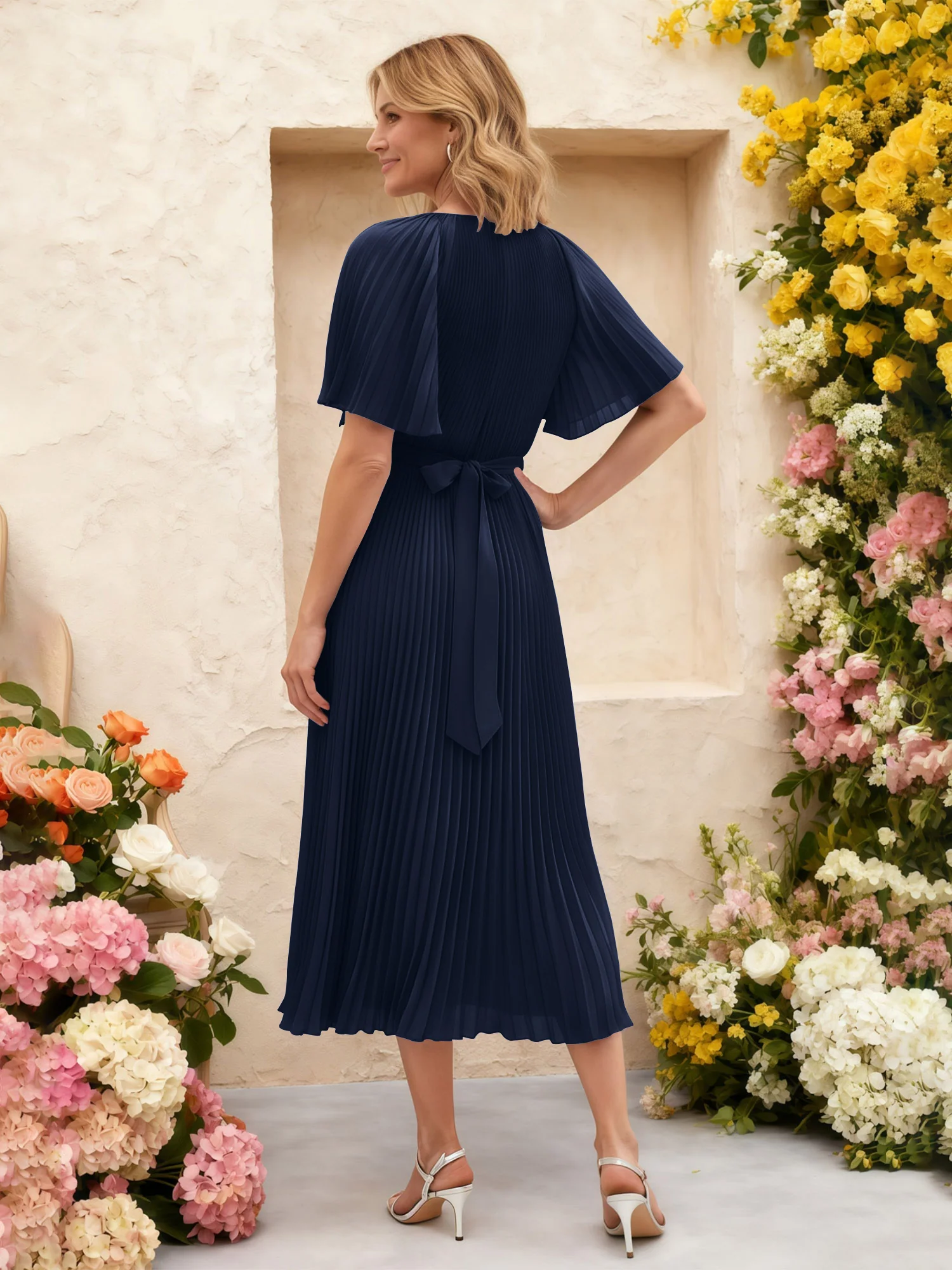 Chiffon Pleated Midi Dress with Floral Waist Detail Dark Navy - Image 2