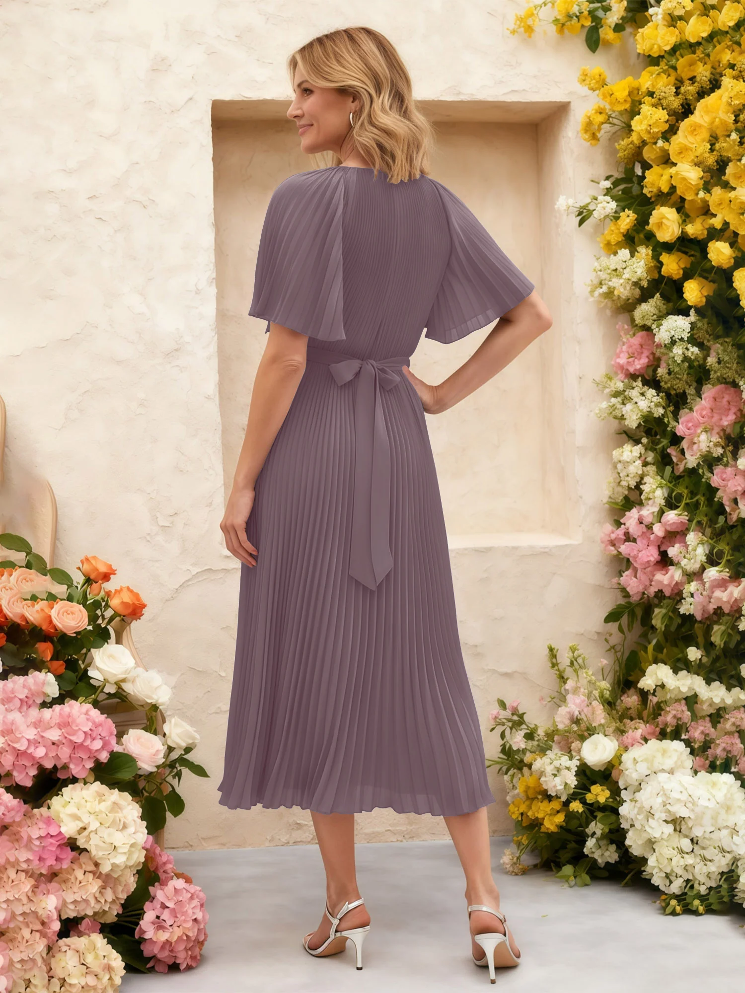 Chiffon Pleated Midi Dress with Floral Waist Detail Dusk - Image 2