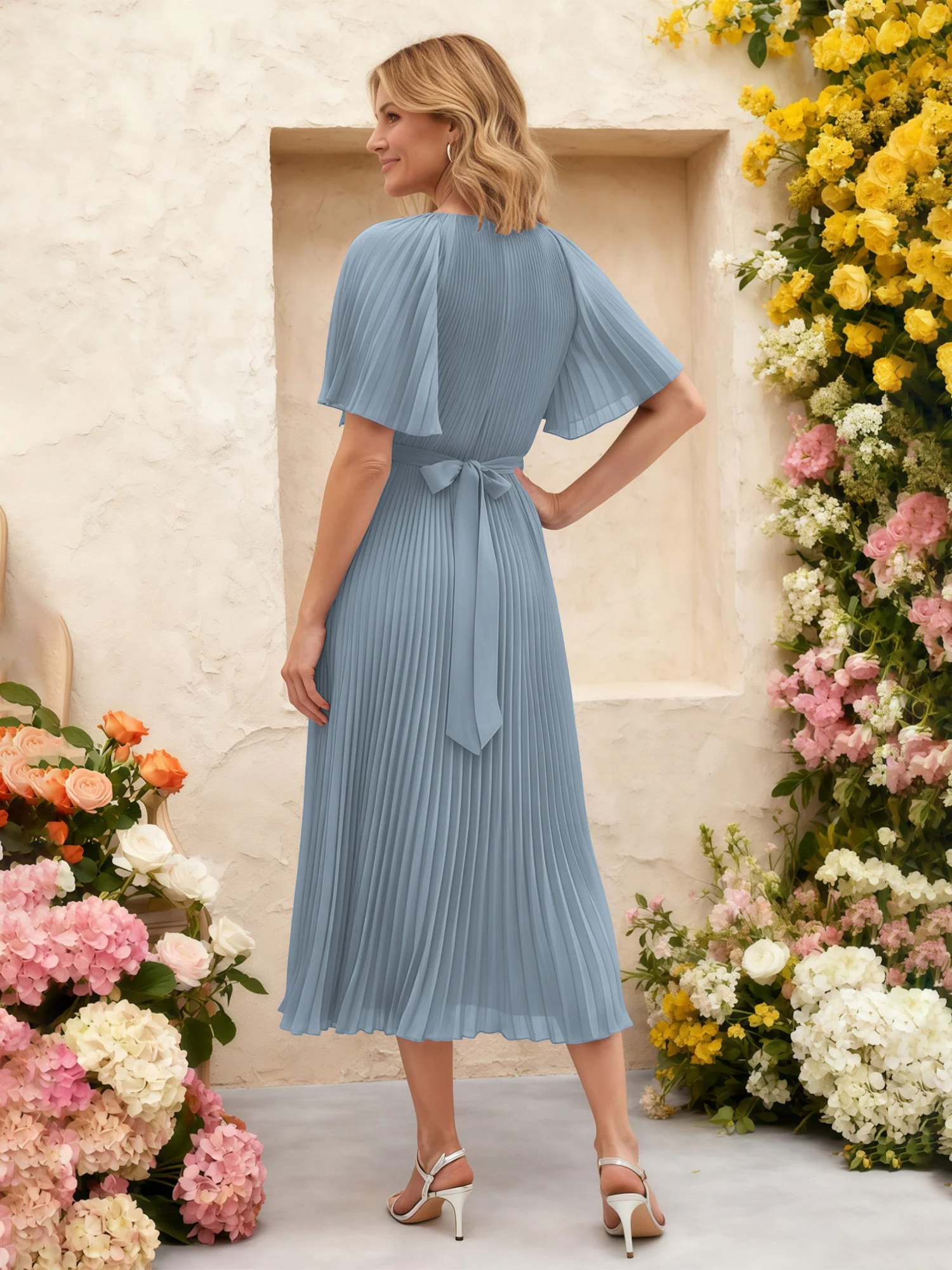 Chiffon Pleated Midi Dress with Floral Waist Detail Dusty Blue - Image 2