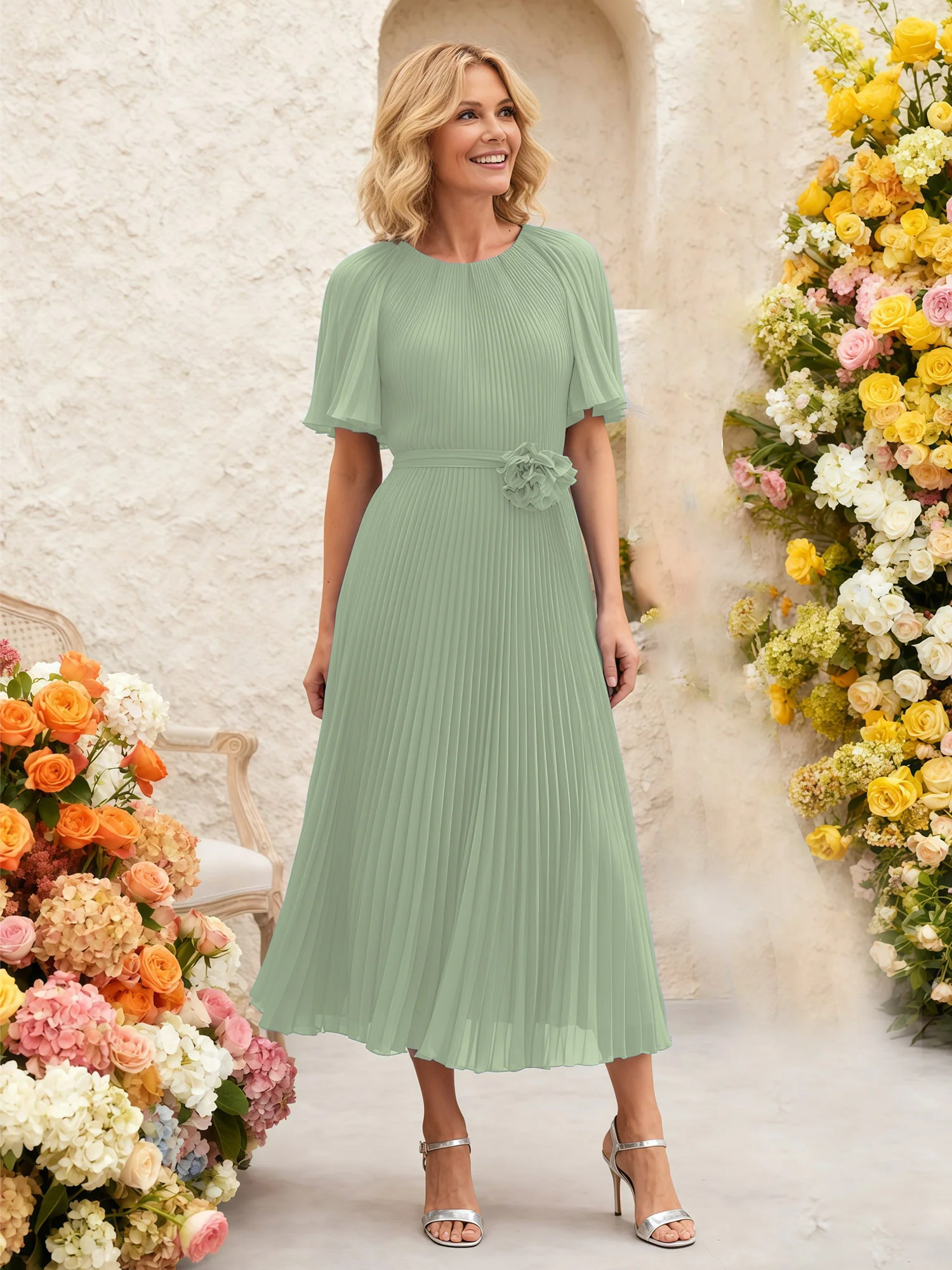 Chiffon Pleated Midi Dress with Floral Waist Detail Dusty Sage