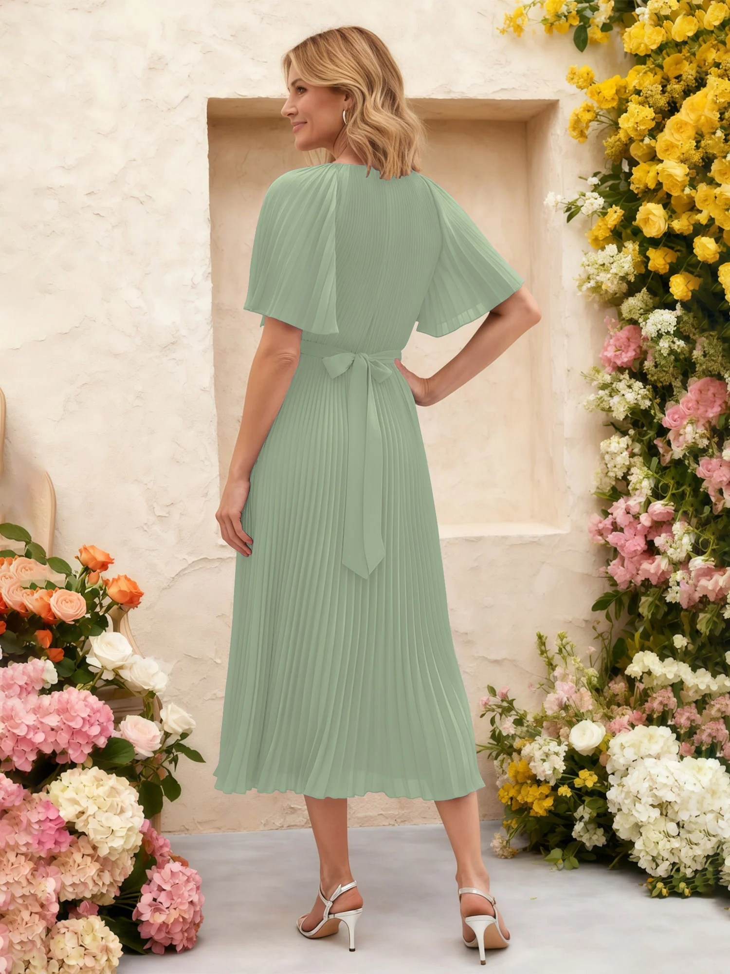 Chiffon Pleated Midi Dress with Floral Waist Detail Dusty Sage - Image 2