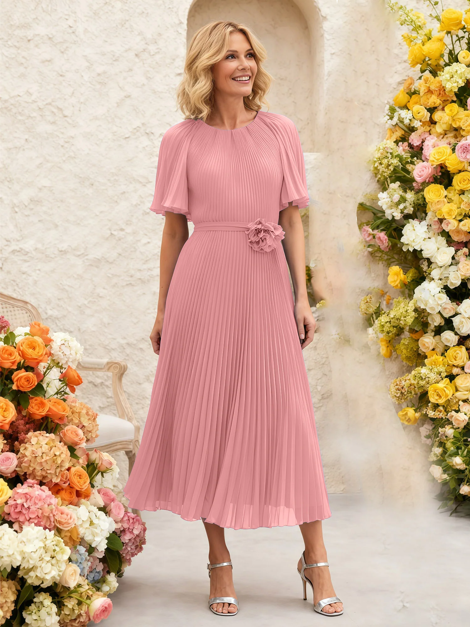 Chiffon Pleated Midi Dress with Floral Waist Detail Flamingo