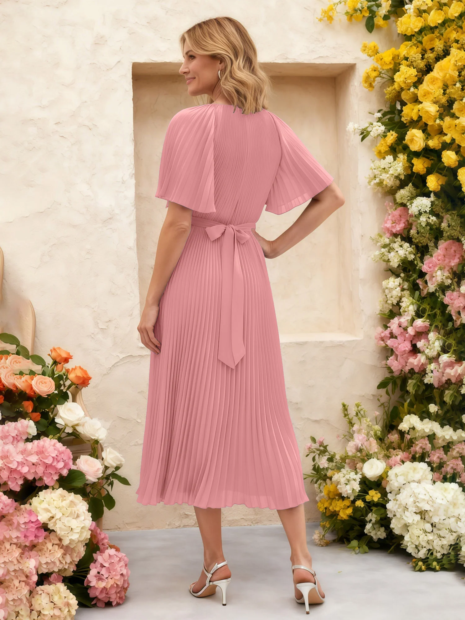 Chiffon Pleated Midi Dress with Floral Waist Detail Flamingo - Image 2