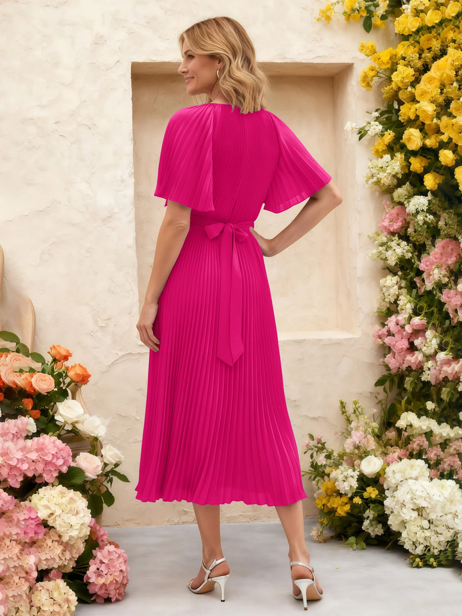 Chiffon Pleated Midi Dress with Floral Waist Detail Fuchsia - Image 2