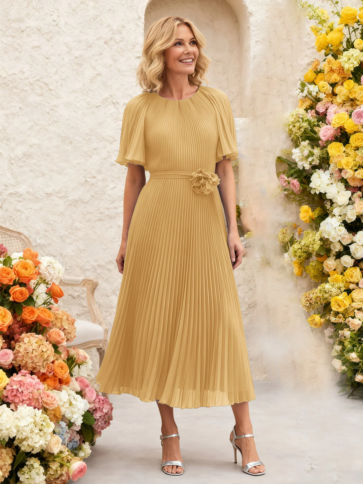 Chiffon Pleated Midi Dress with Floral Waist Detail Gold