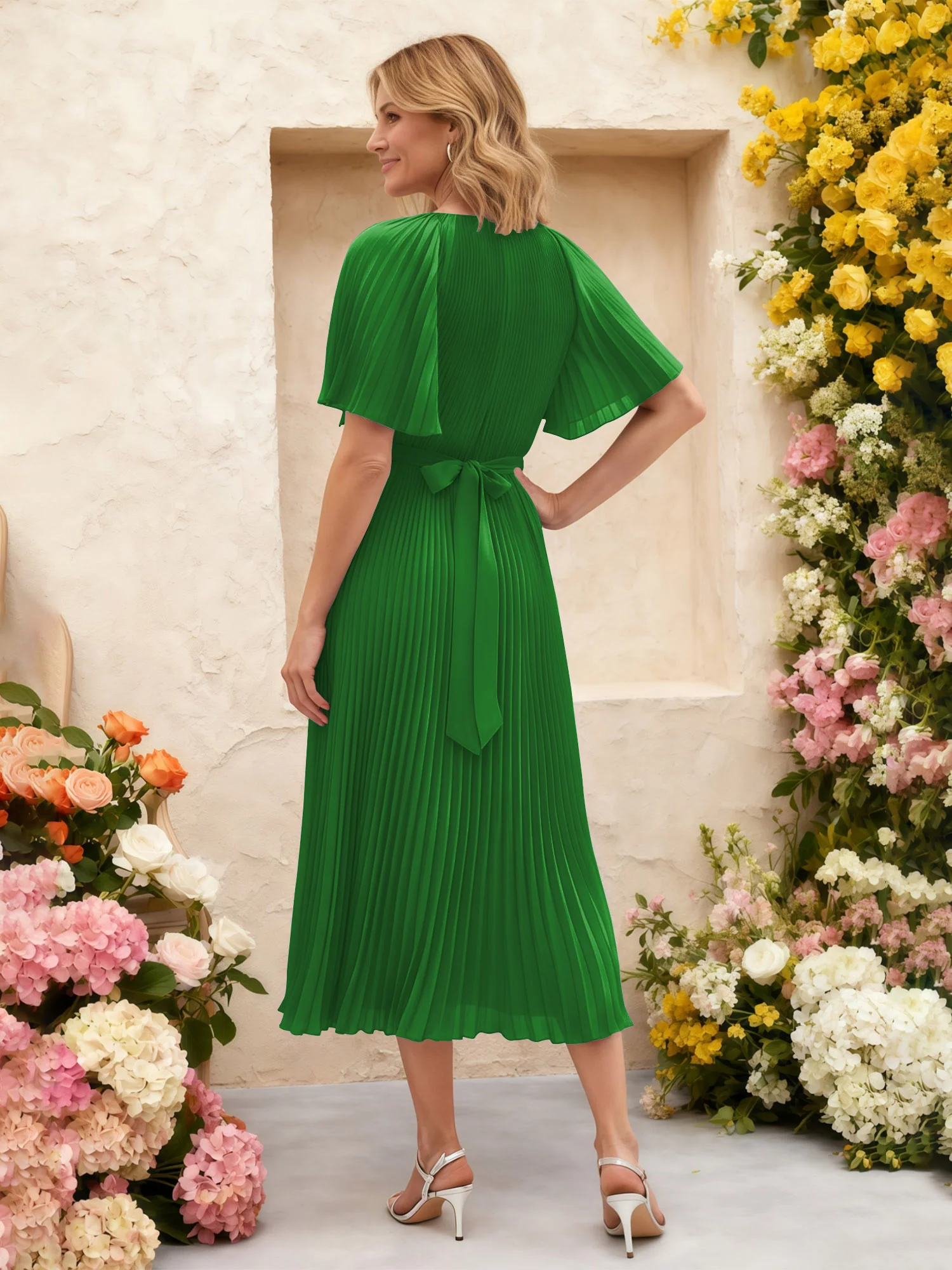 Chiffon Pleated Midi Dress with Floral Waist Detail Green - Image 2