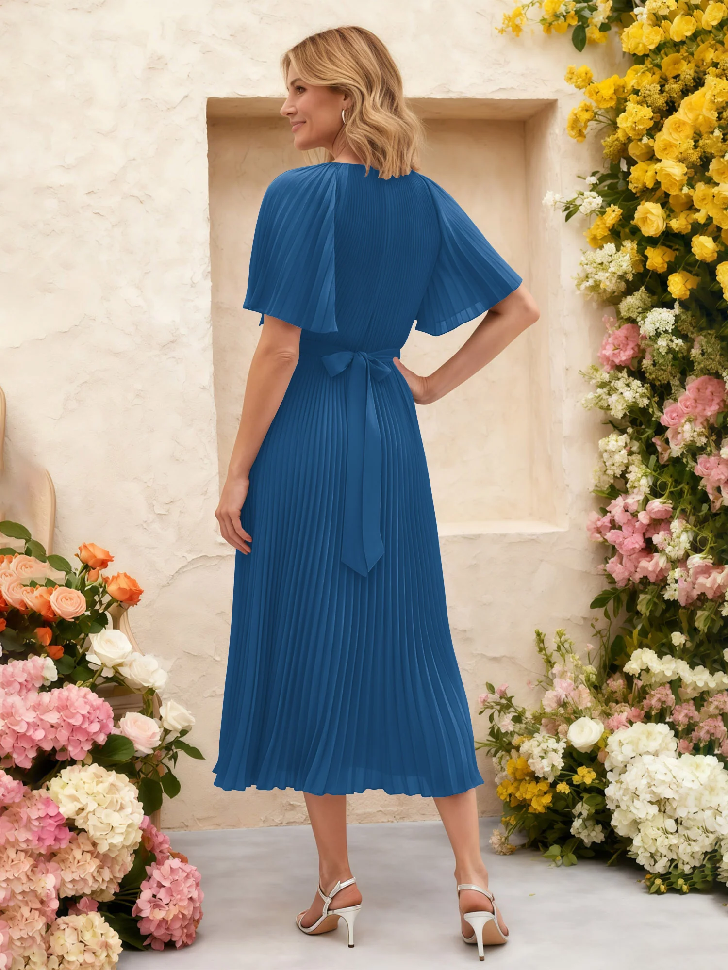 Chiffon Pleated Midi Dress with Floral Waist Detail Ink Blue - Image 2