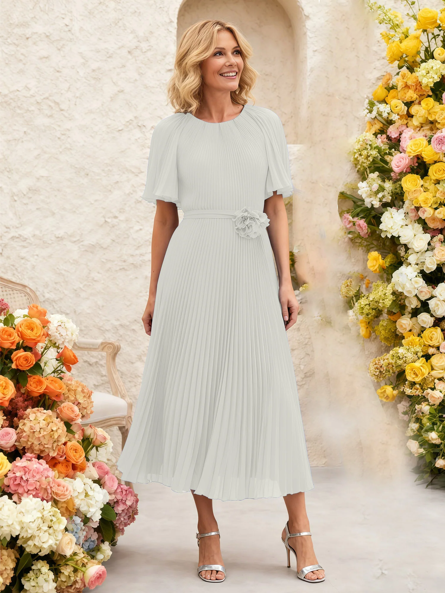 Chiffon Pleated Midi Dress with Floral Waist Detail Ivory