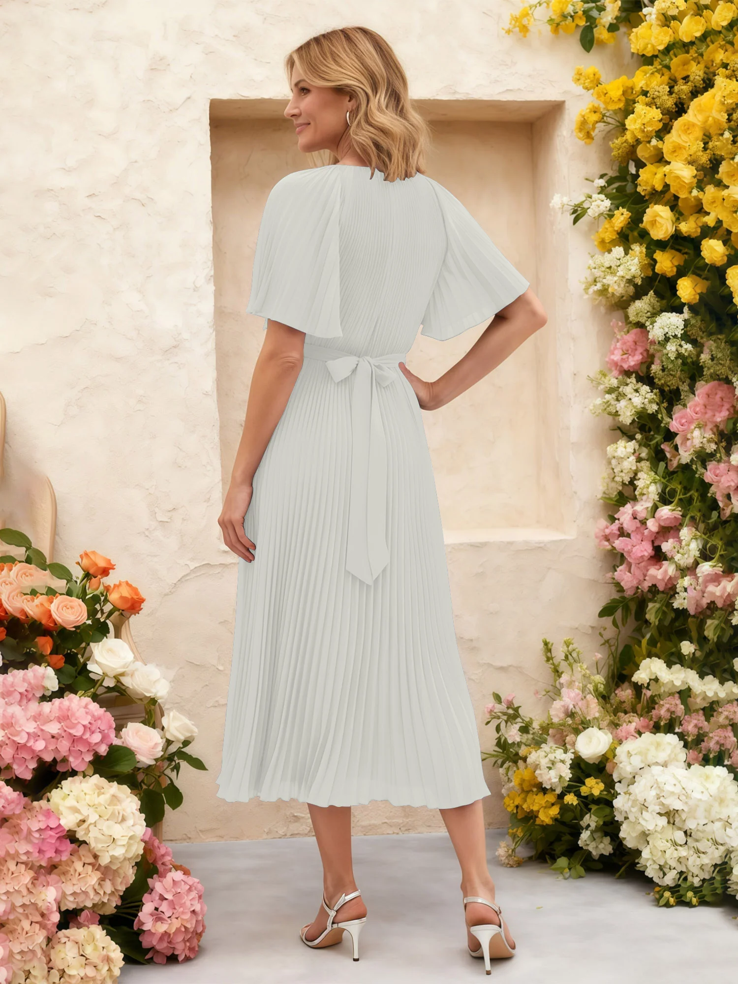 Chiffon Pleated Midi Dress with Floral Waist Detail Ivory - Image 2