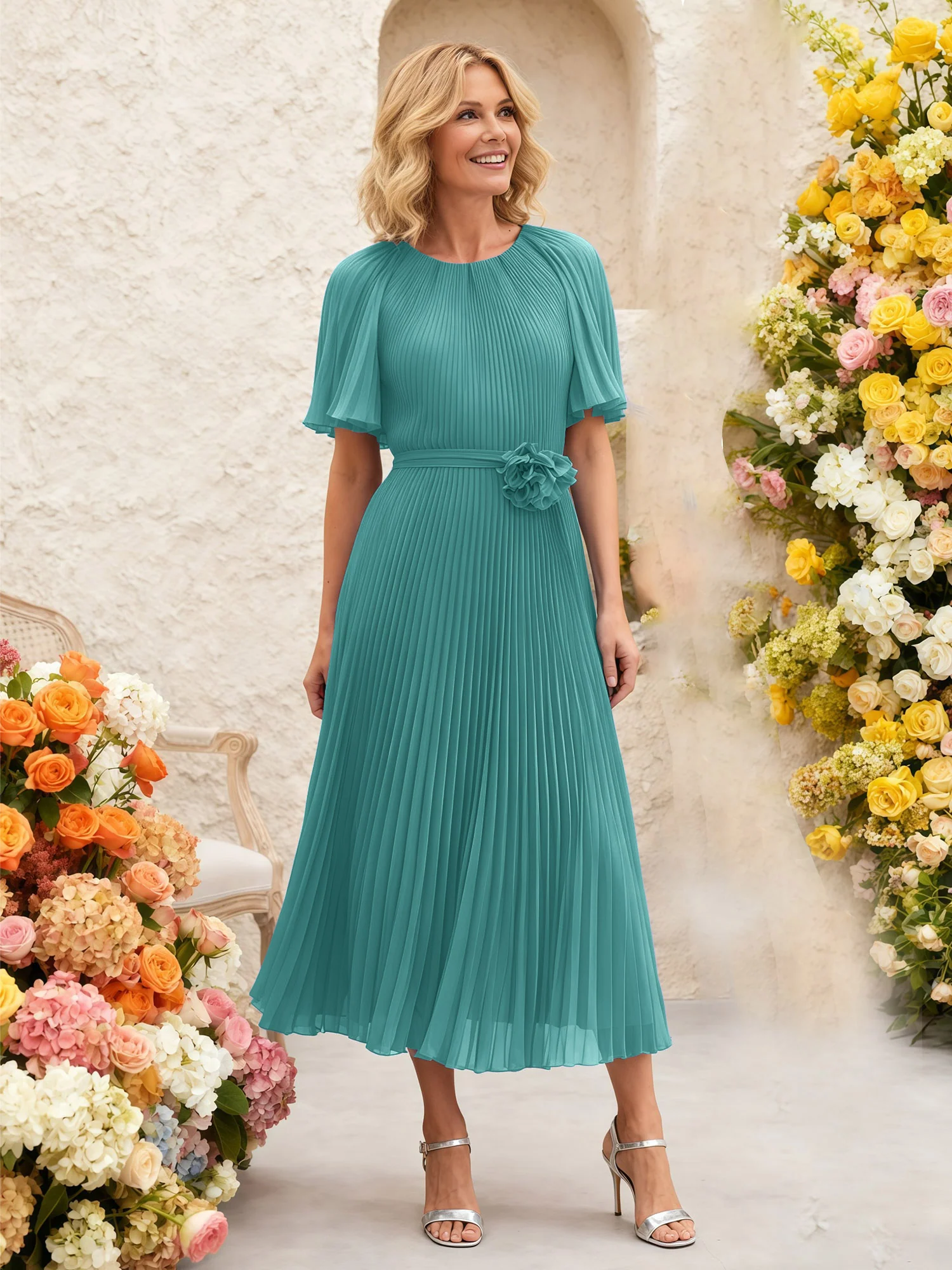 Chiffon Pleated Midi Dress with Floral Waist Detail Jade