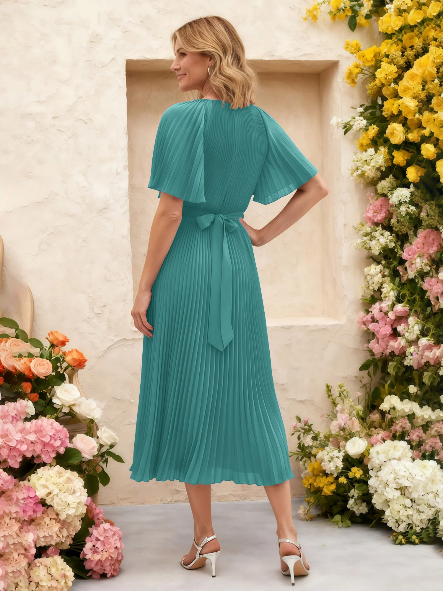Chiffon Pleated Midi Dress with Floral Waist Detail Jade - Image 2