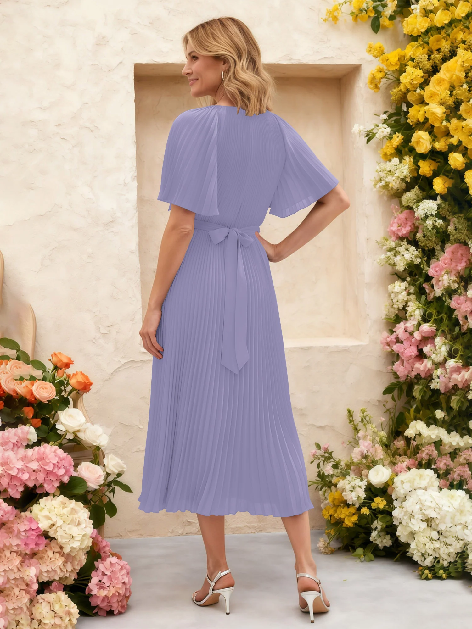 Chiffon Pleated Midi Dress with Floral Waist Detail Lavender - Image 2