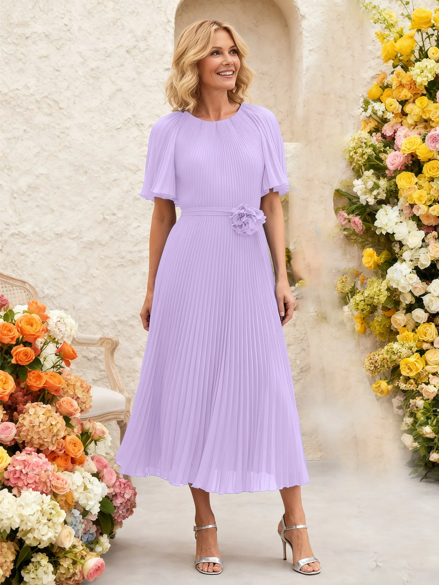 Chiffon Pleated Midi Dress with Floral Waist Detail Lilac