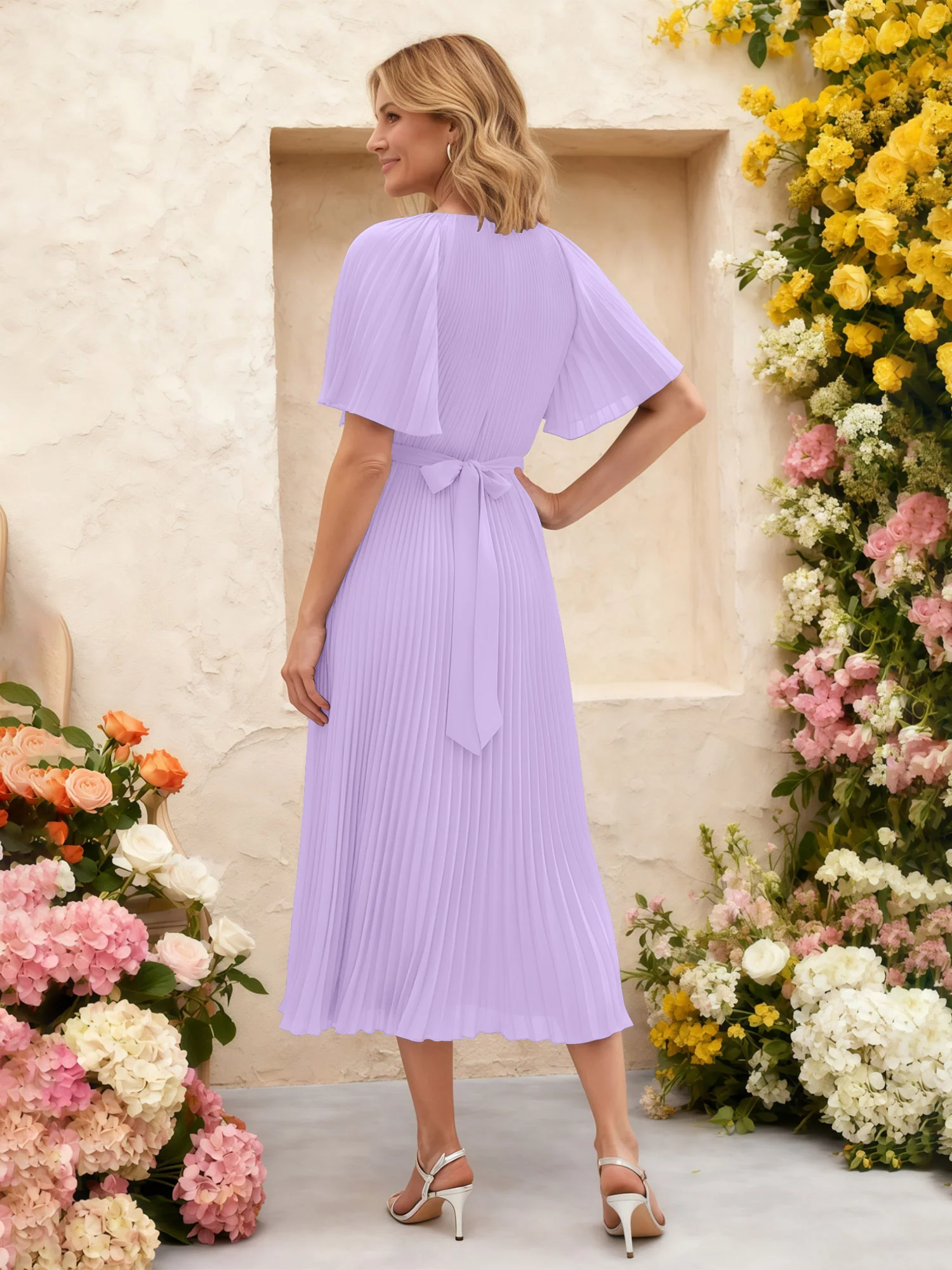 Chiffon Pleated Midi Dress with Floral Waist Detail Lilac - Image 2