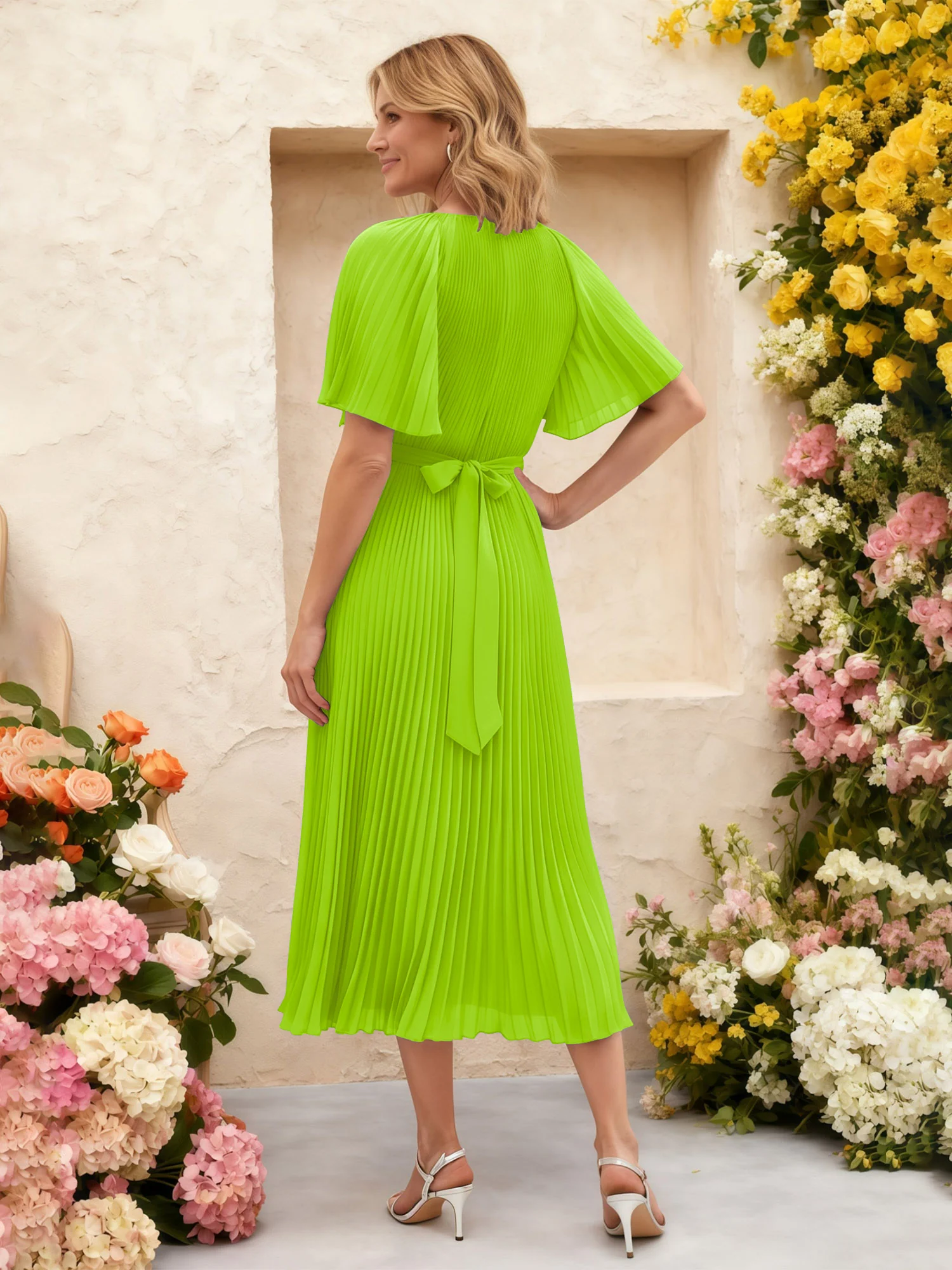 Chiffon Pleated Midi Dress with Floral Waist Detail Lime Green - Image 2