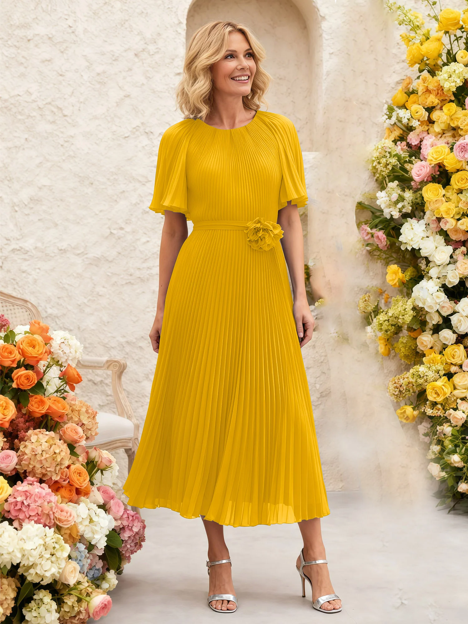 Chiffon Pleated Midi Dress with Floral Waist Detail Marigold