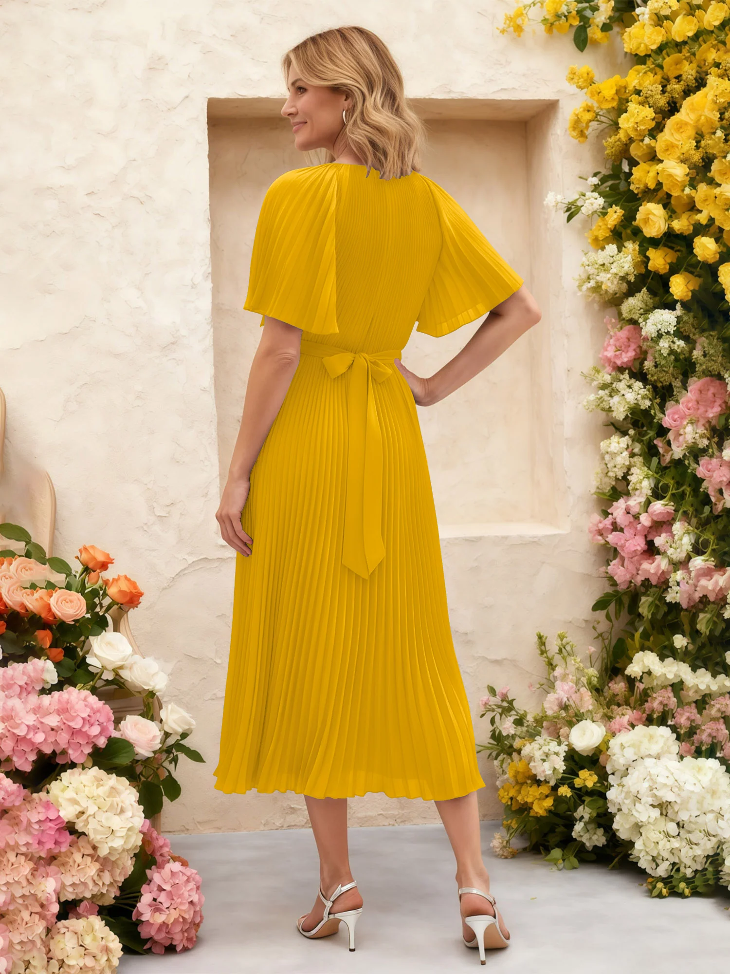 Chiffon Pleated Midi Dress with Floral Waist Detail Marigold - Image 2